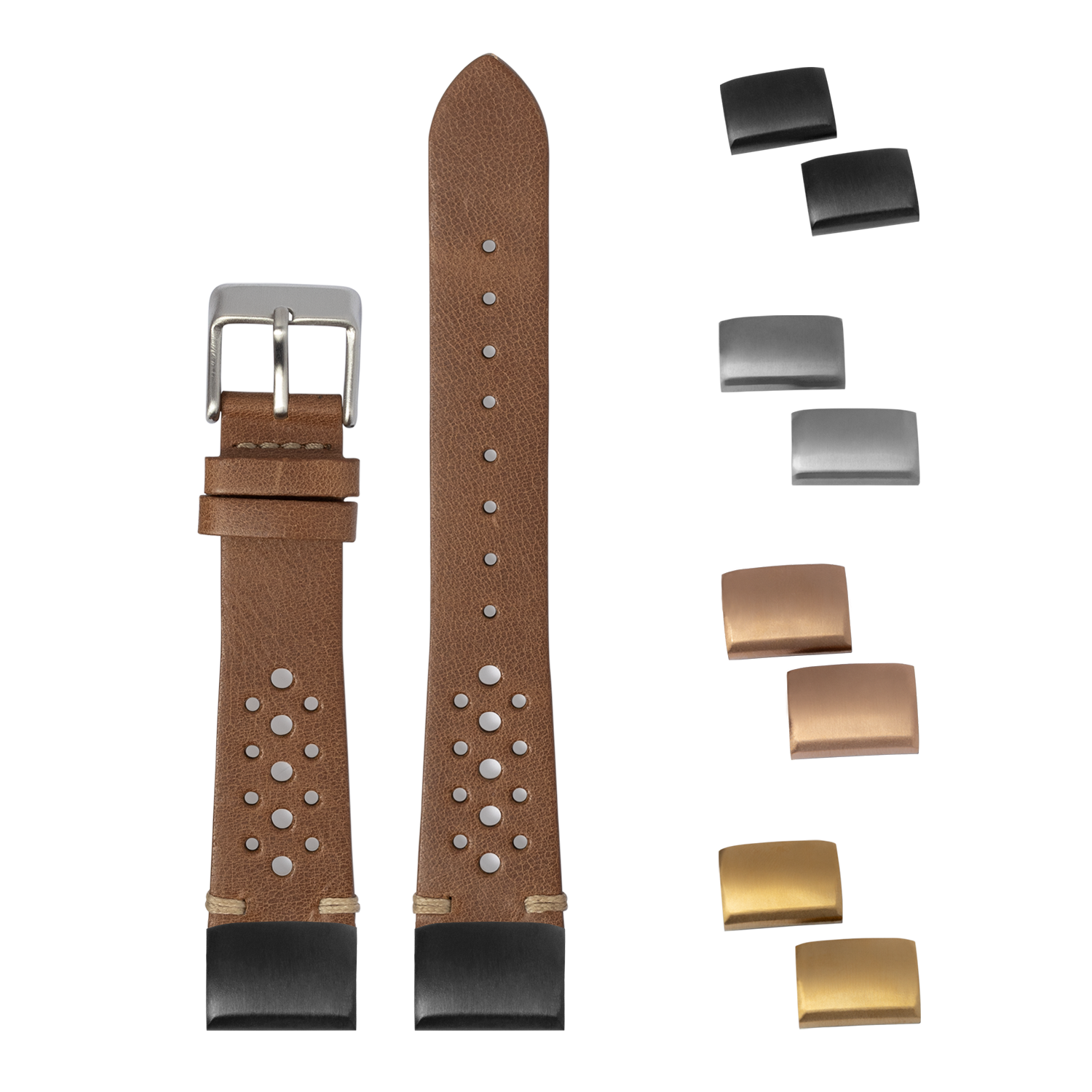 Brown leather rally watch strap with quick-fit connectors and interchangeable buckles in silver, gold, and gunmetal finishes
