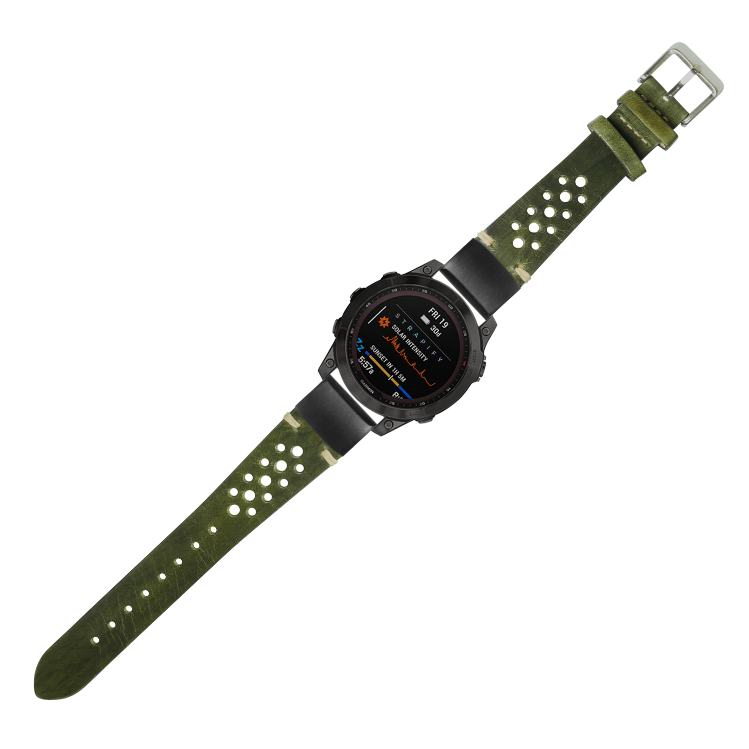 Military smartwatch with black digital display and vintage olive green perforated leather strap with silver buckle