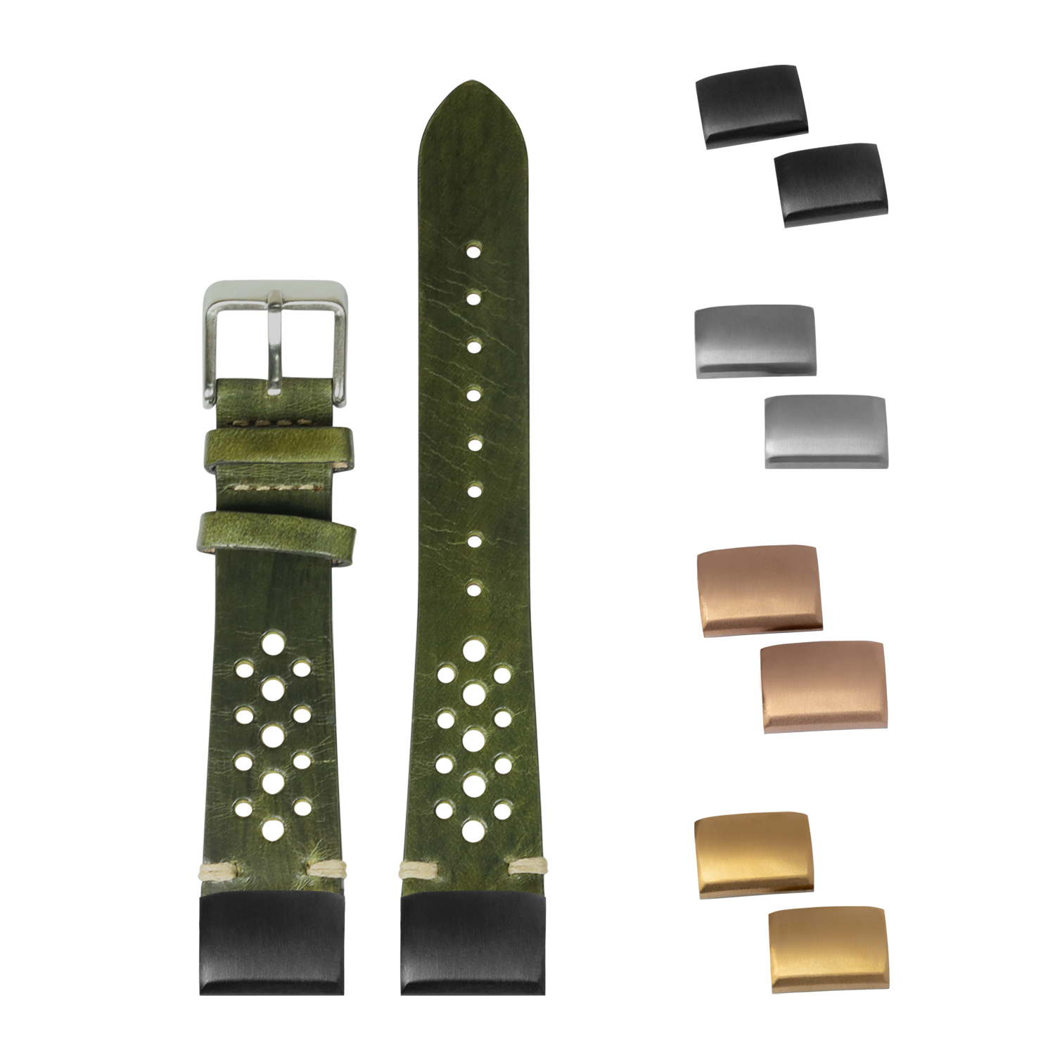 Vintage Rally green leather watch strap with interchangeable buckles and keepers in silver, gunmetal, and bronze finishes