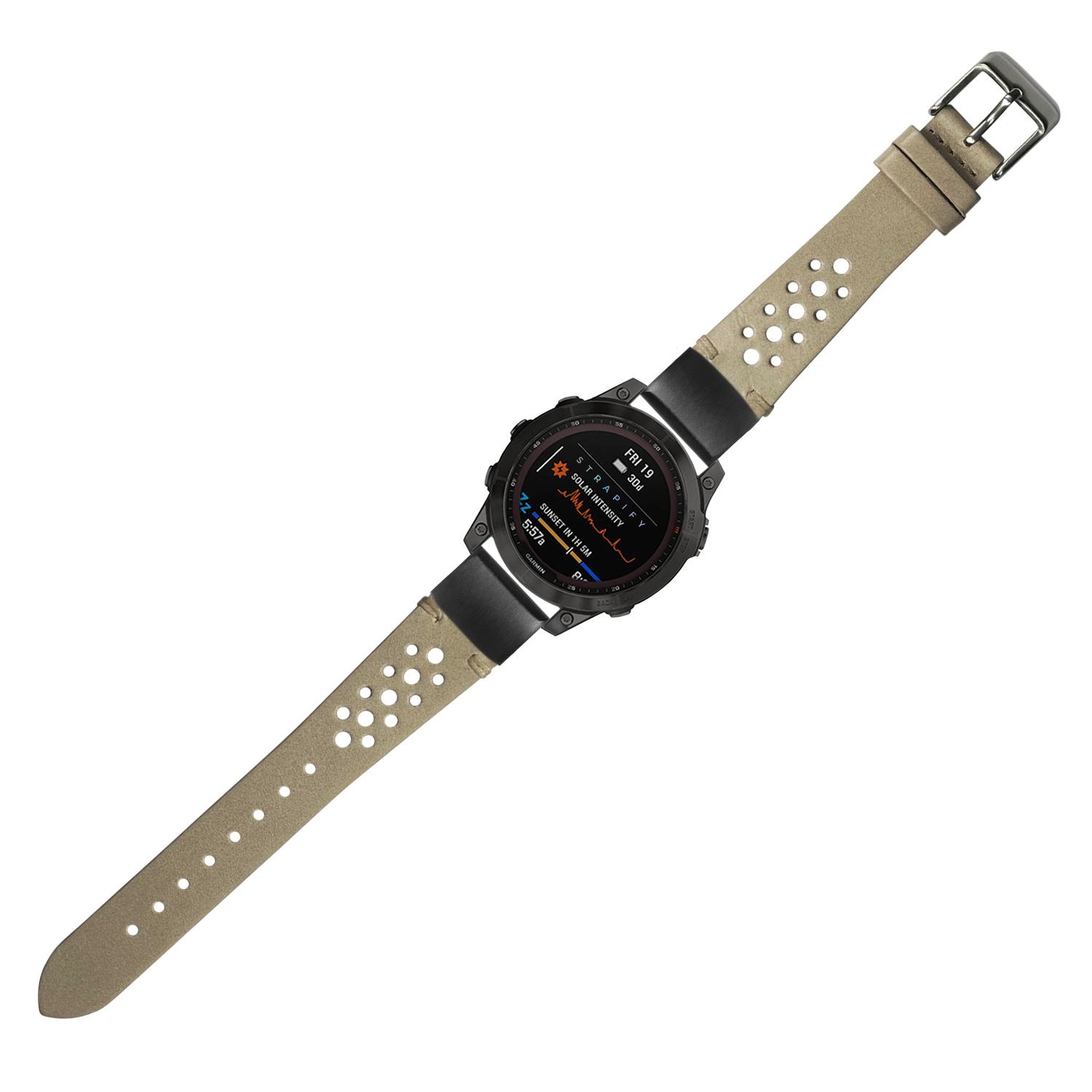 Tactical smartwatch with black digital display and perforated cream leather QuickFit band with gunmetal buckle