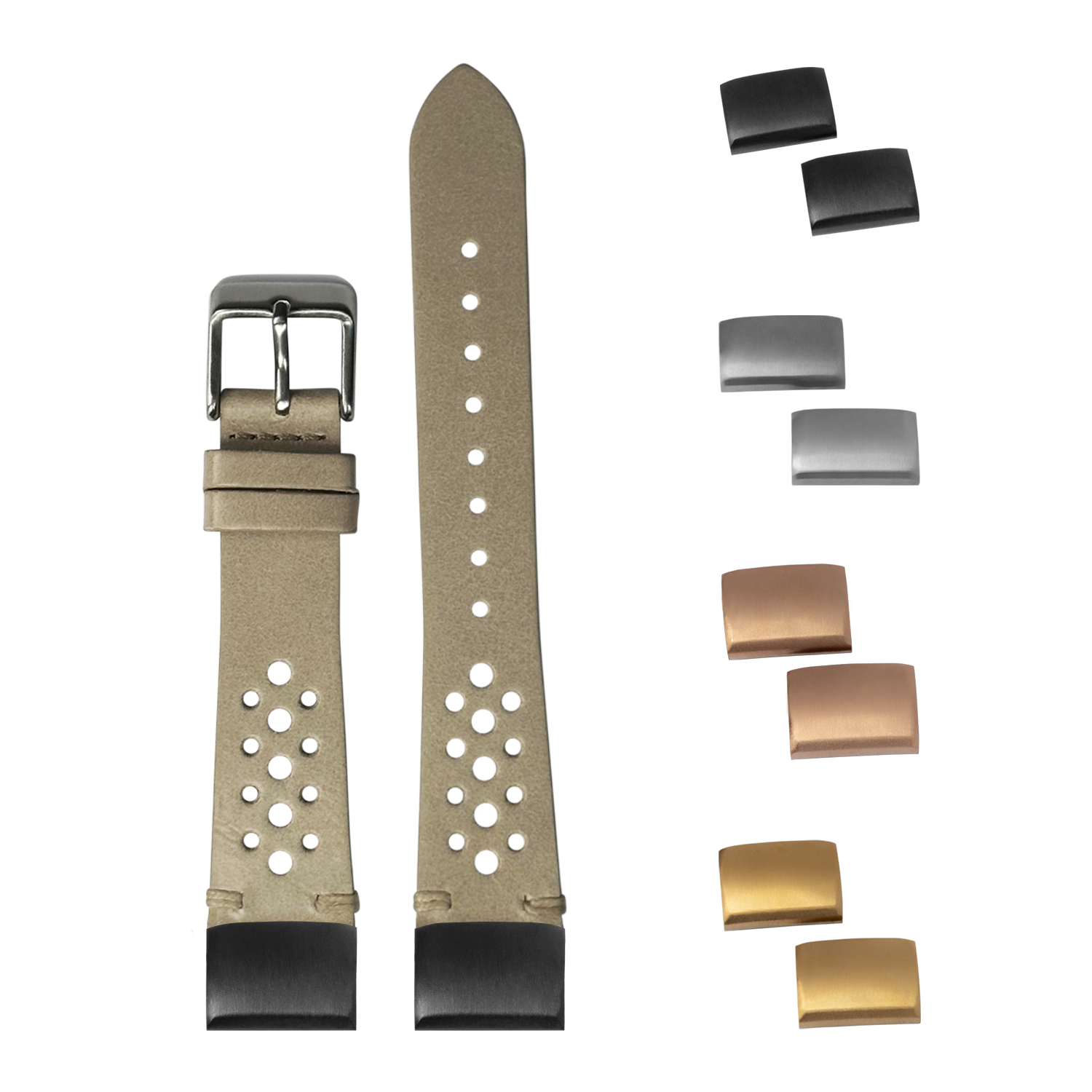 Vintage Rally cream leather watch strap 20mm with perforated design, interchangeable metal buckles and end links included