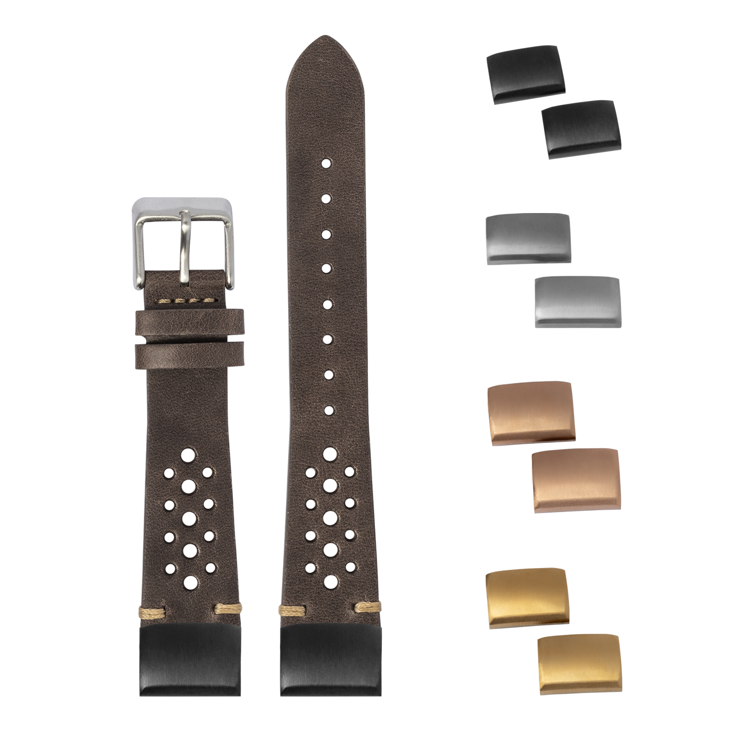 Dark brown vintage rally leather watch band 20mm with perforated design, steel buckle, and interchangeable metal keeper loops in silver, gold, and bronze finishes