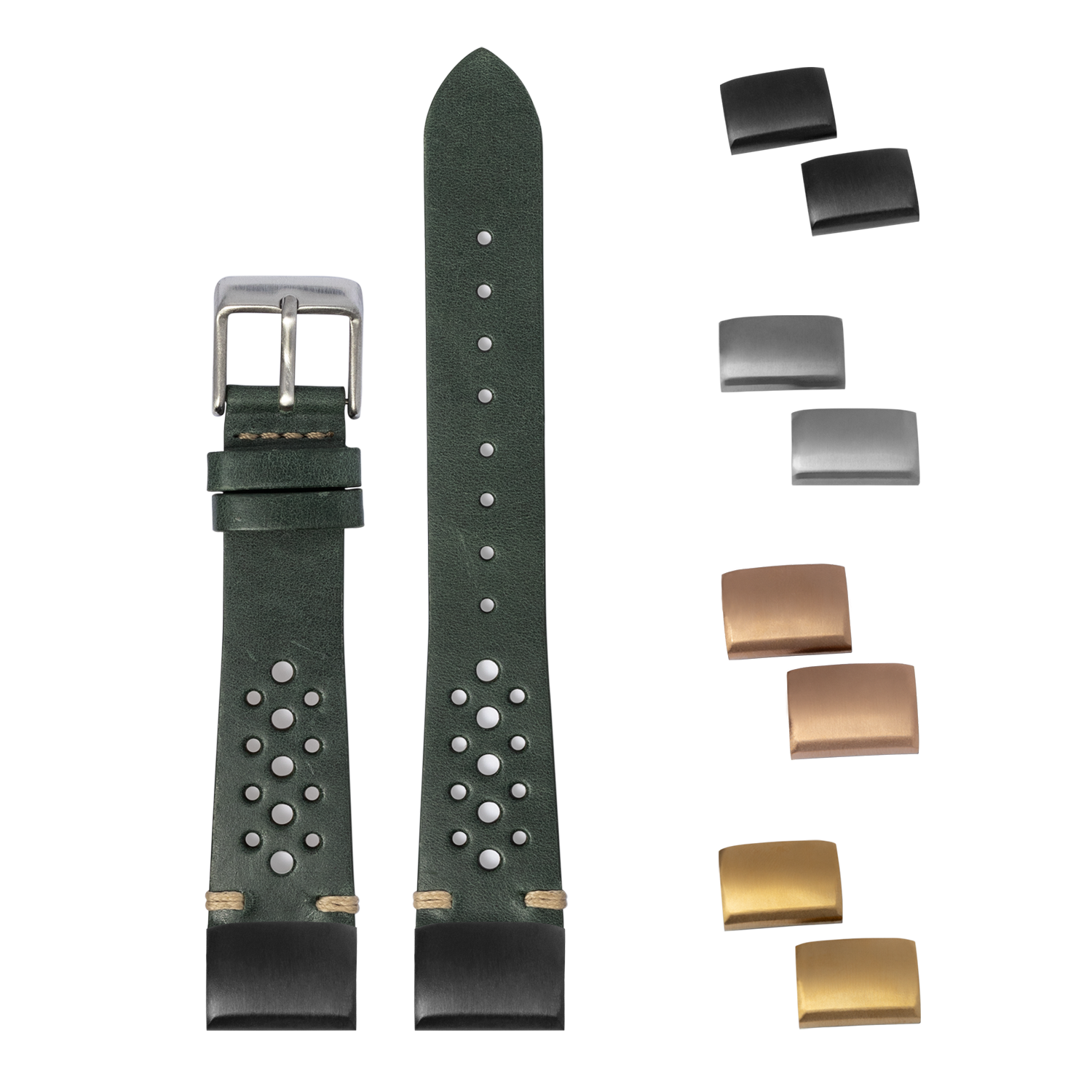 Vintage Rally forest green leather watch strap 20mm with quick-fit system, interchangeable metal buckles and keepers included