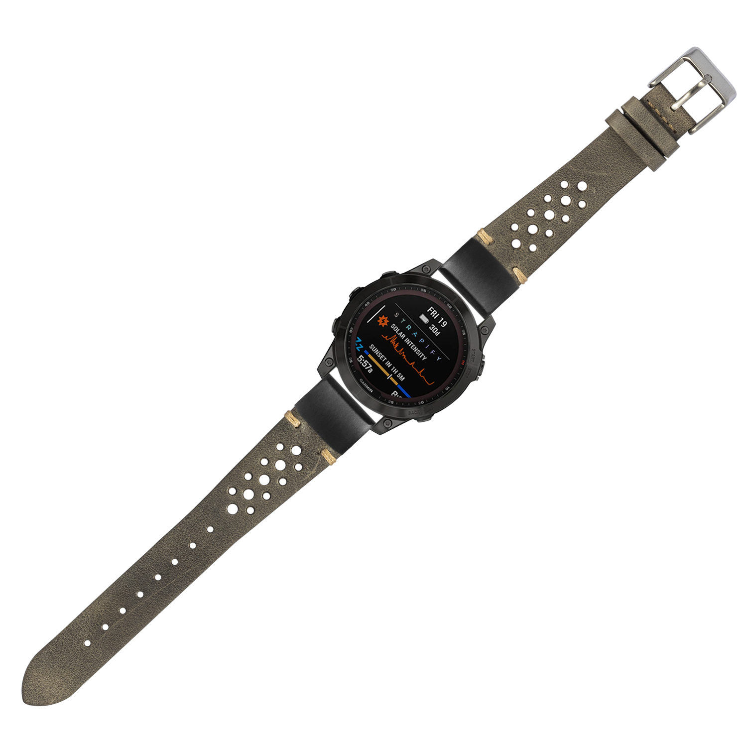 Vintage Rally grey leather smartwatch band with perforated design and silver buckle on black sport watch