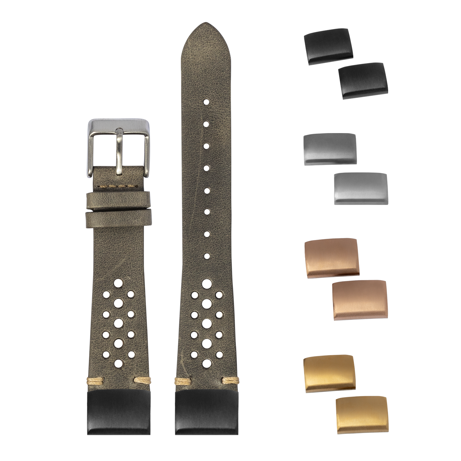 Vintage grey leather QuickFit watch strap 20mm with perforated rally design, interchangeable metal buckles and keepers included