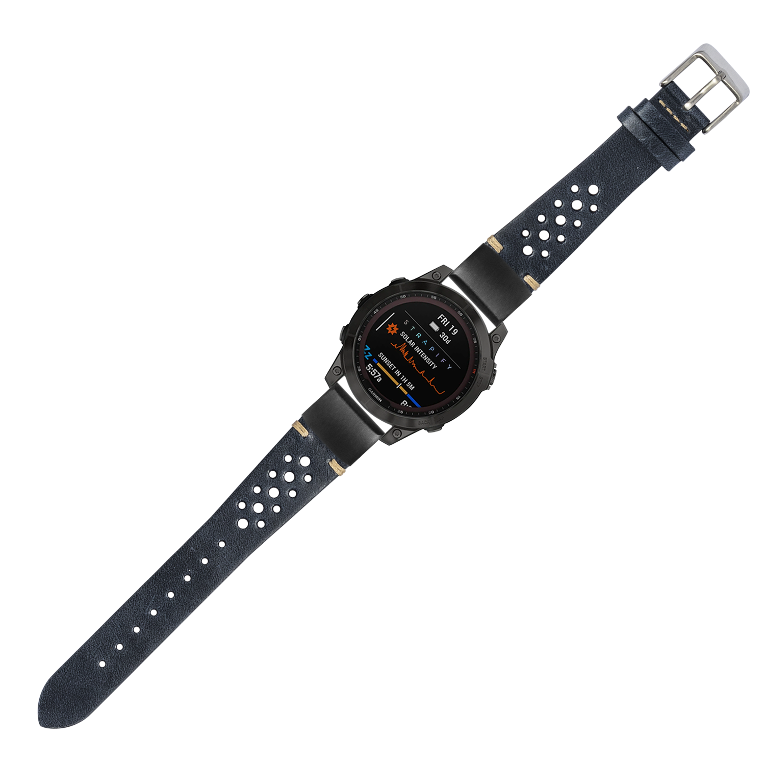 Vintage rally navy leather smartwatch band 20mm with perforated design and metal buckle