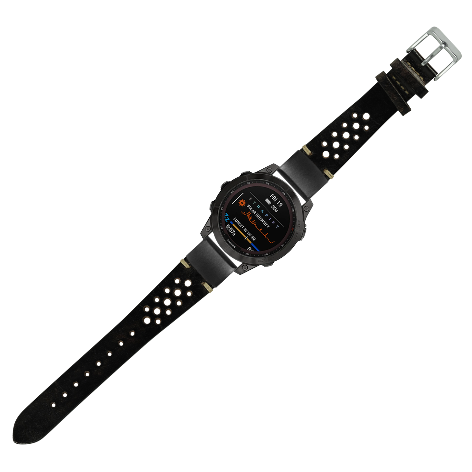 Black leather smartwatch strap with perforated rally design and metal buckle on digital watch face display