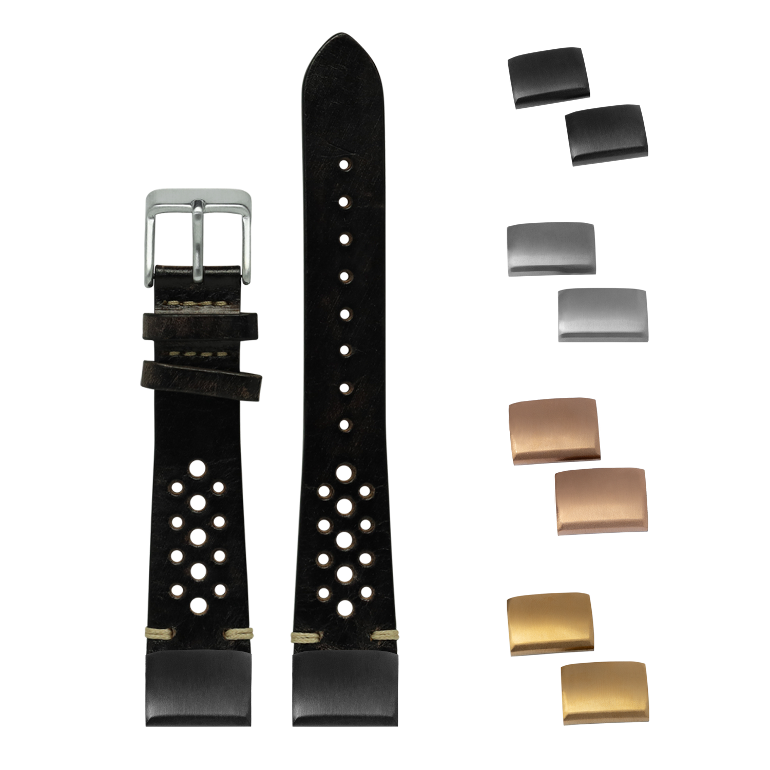 Black vintage rally leather watch strap 20mm with perforated design, quick-fit pins, and interchangeable metal buckles in silver, gunmetal, and gold tones
