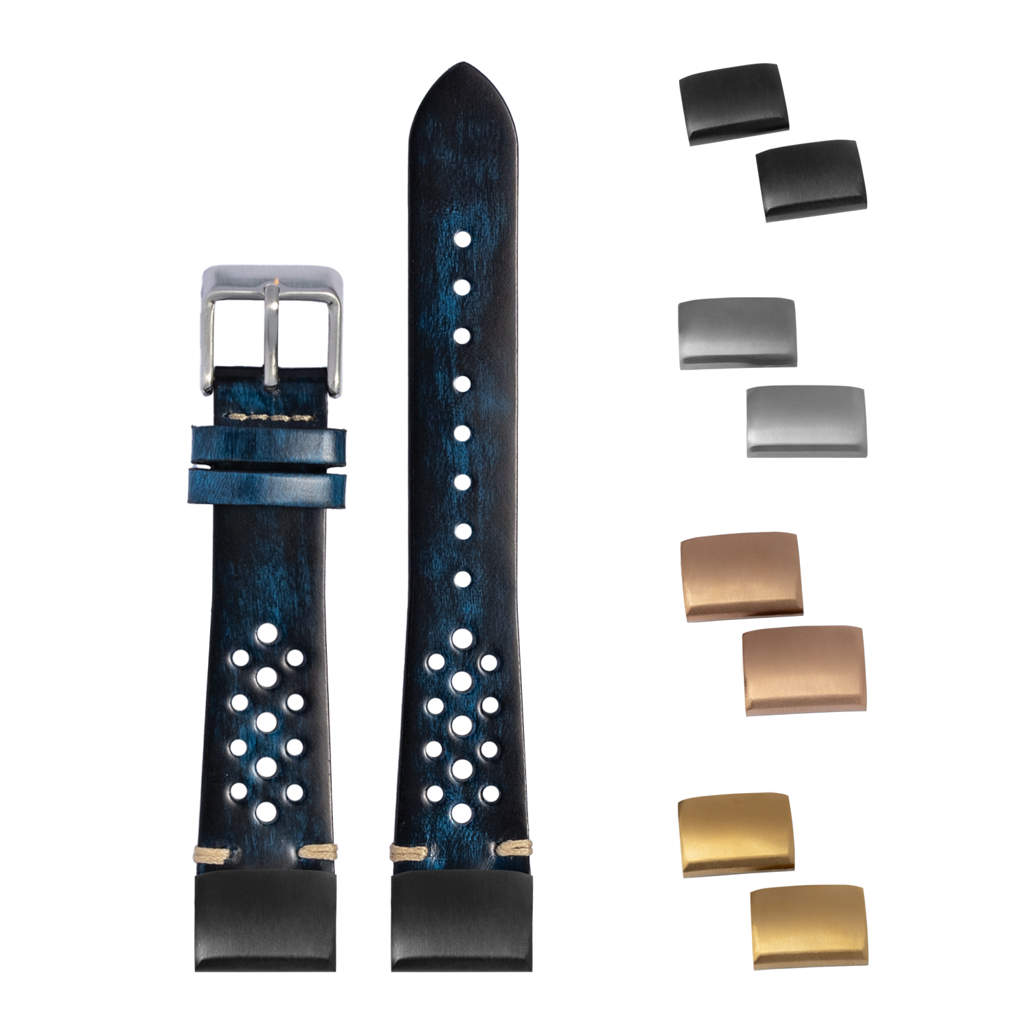 Vintage Rally leather watch band in smoked blue with quick-release pins, interchangeable metal keepers in silver, gold, and bronze finishes