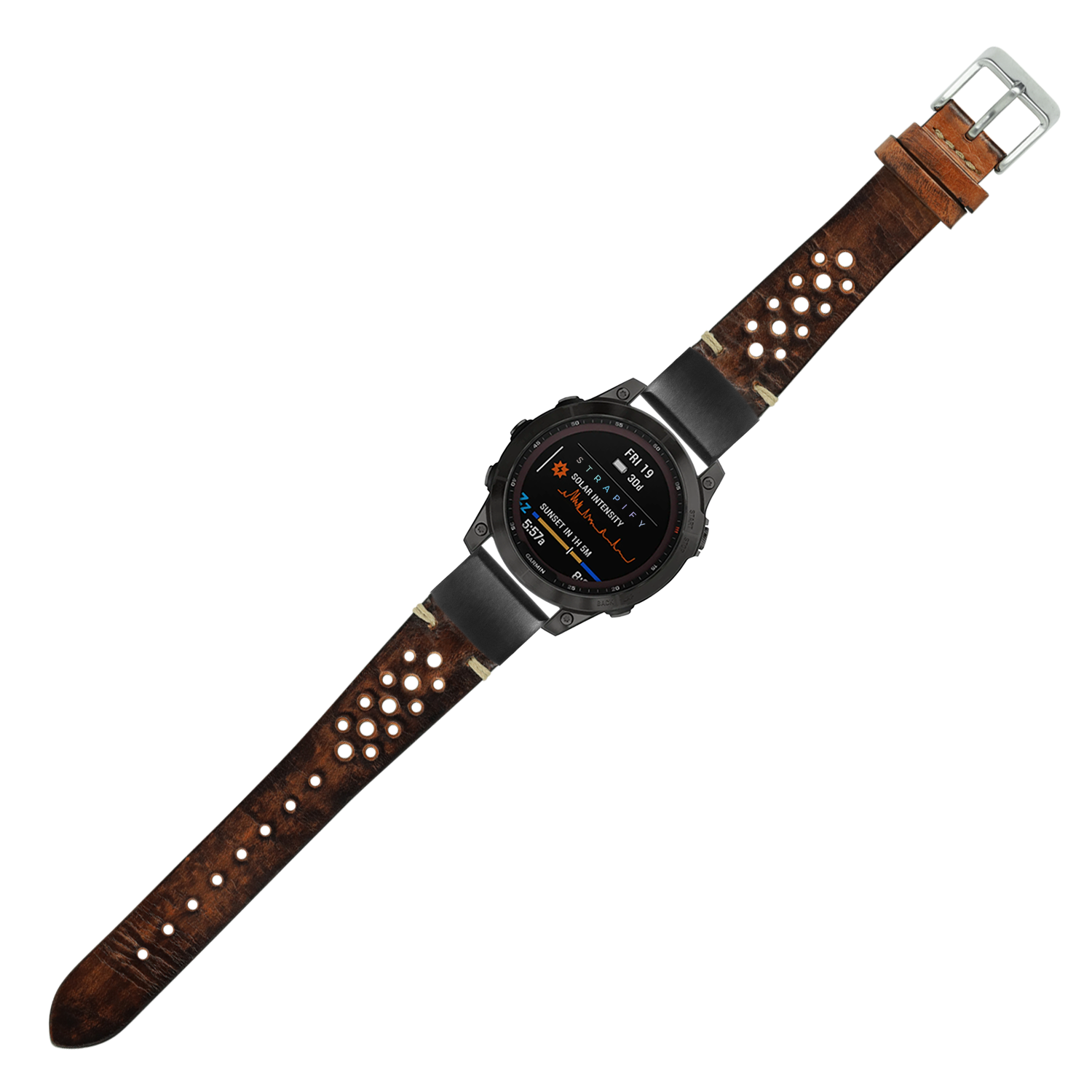Vintage rally leather smartwatch strap in smoked brown with studded details and silver buckle, 20mm quickfit