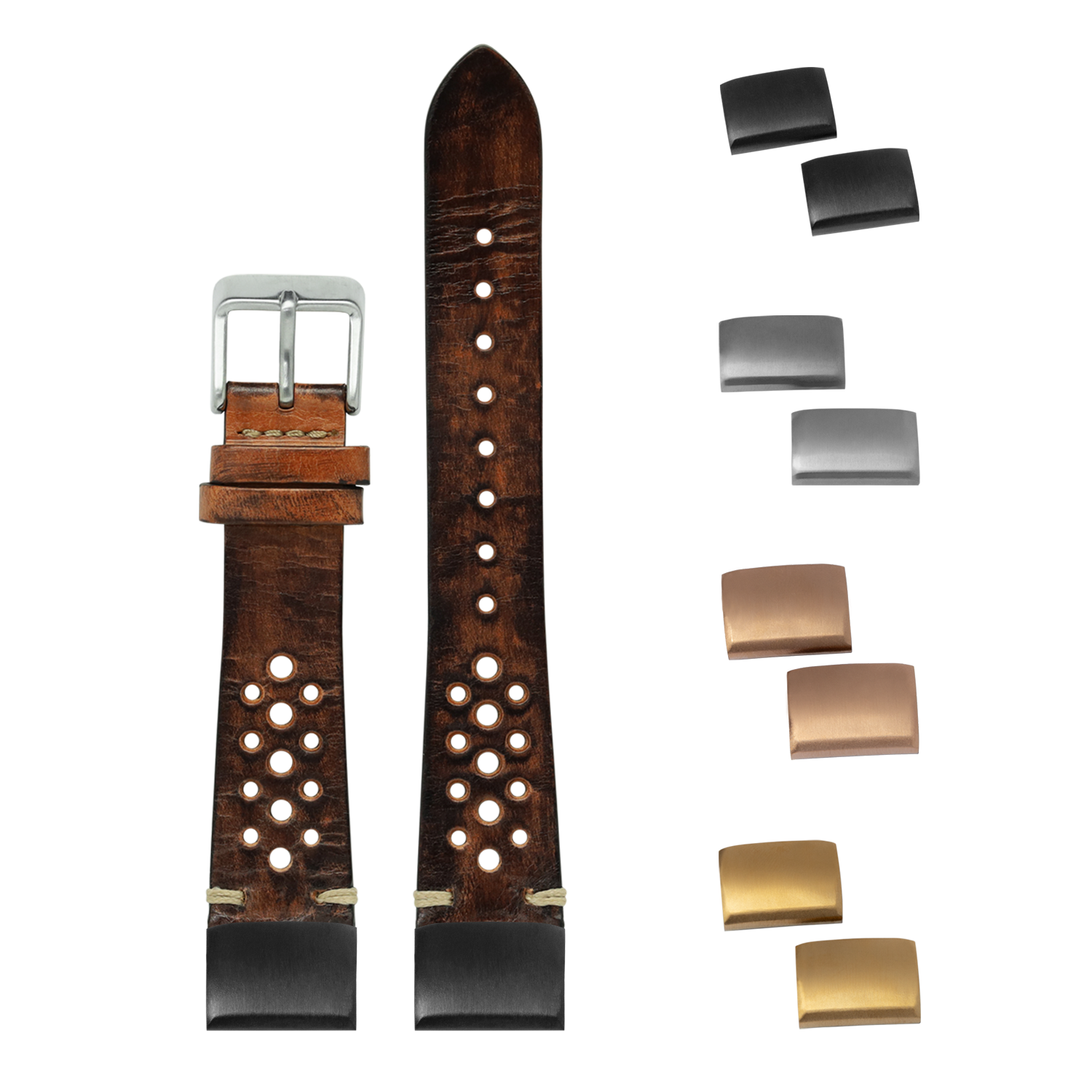 Vintage rally leather watch band set in smoked brown with interchangeable metal buckles, 20mm quick-fit strap