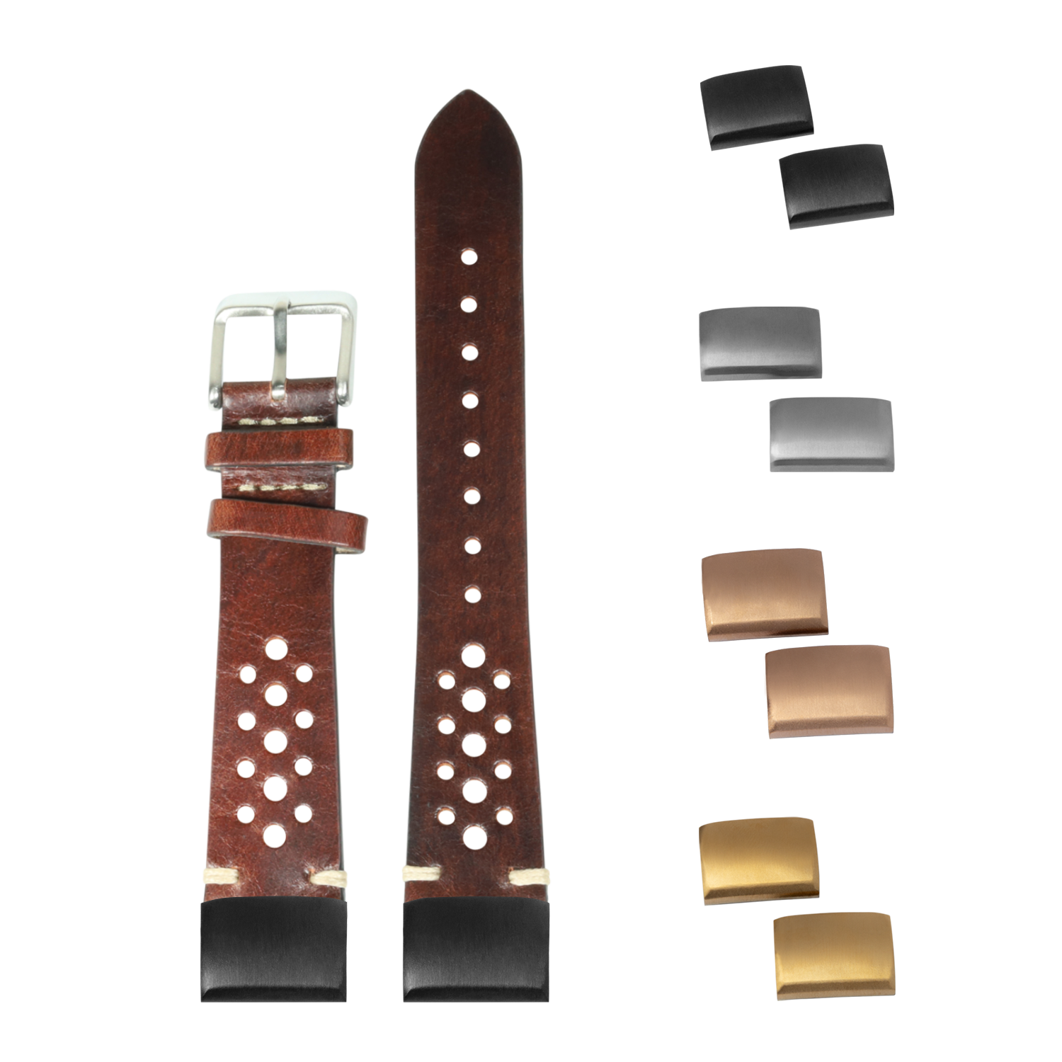 Vintage rally leather watch strap with interchangeable buckles and keepers in smoked dark brown for 20mm watches