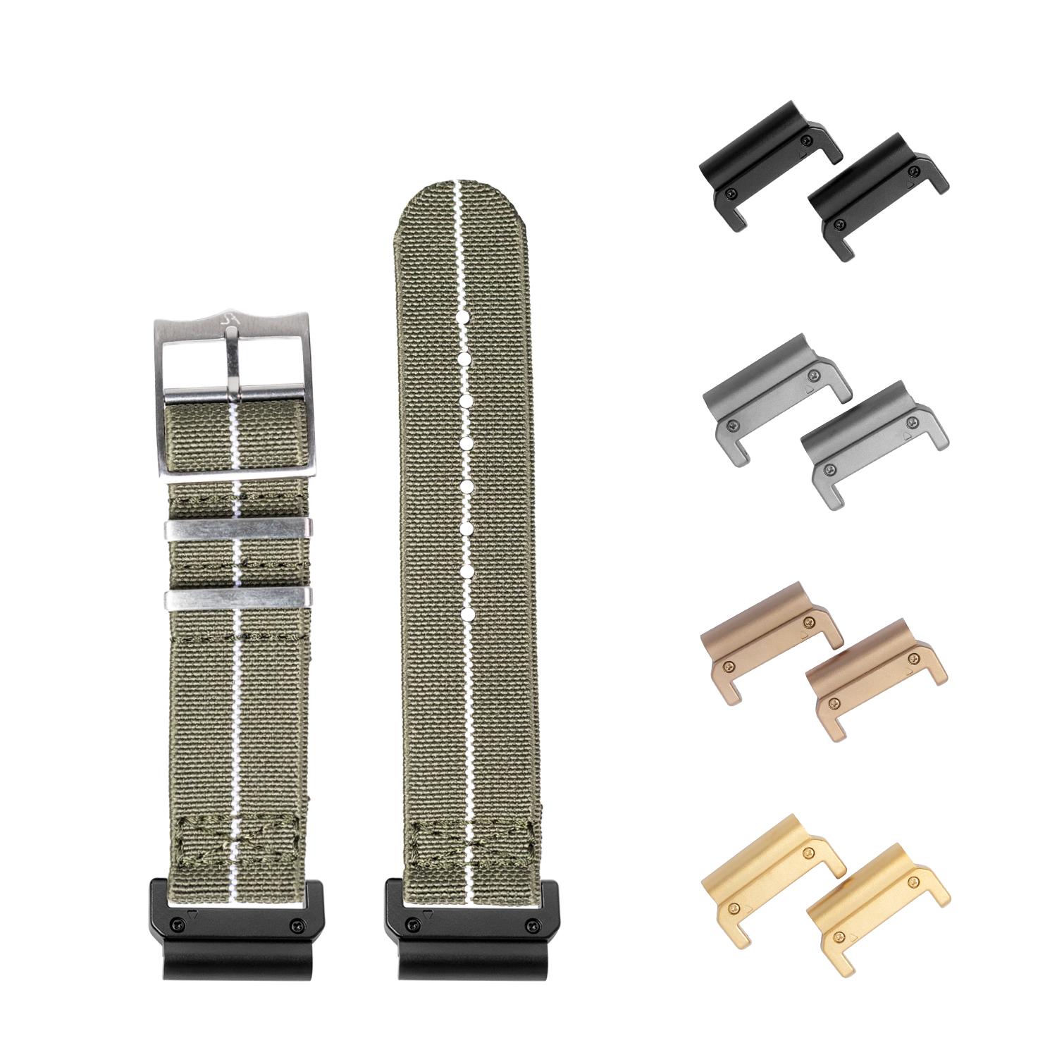QuickFit ElastoFlex army green fabric watch strap 26mm with multiple interchangeable lugs in black, gray, bronze and gold finishes