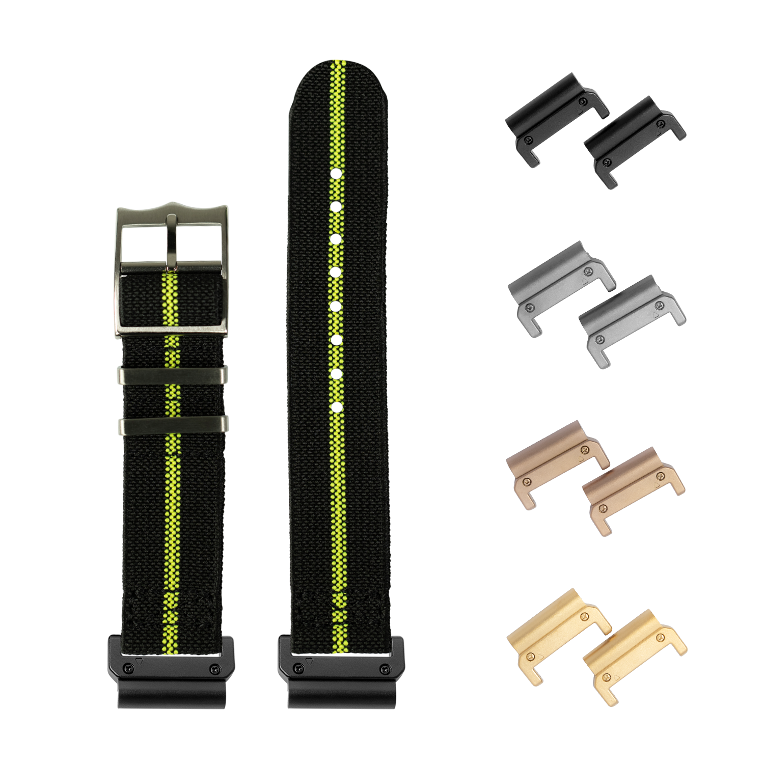 Black and fluorescent green fabric watch strap with interchangeable metal lugs in multiple finishes
