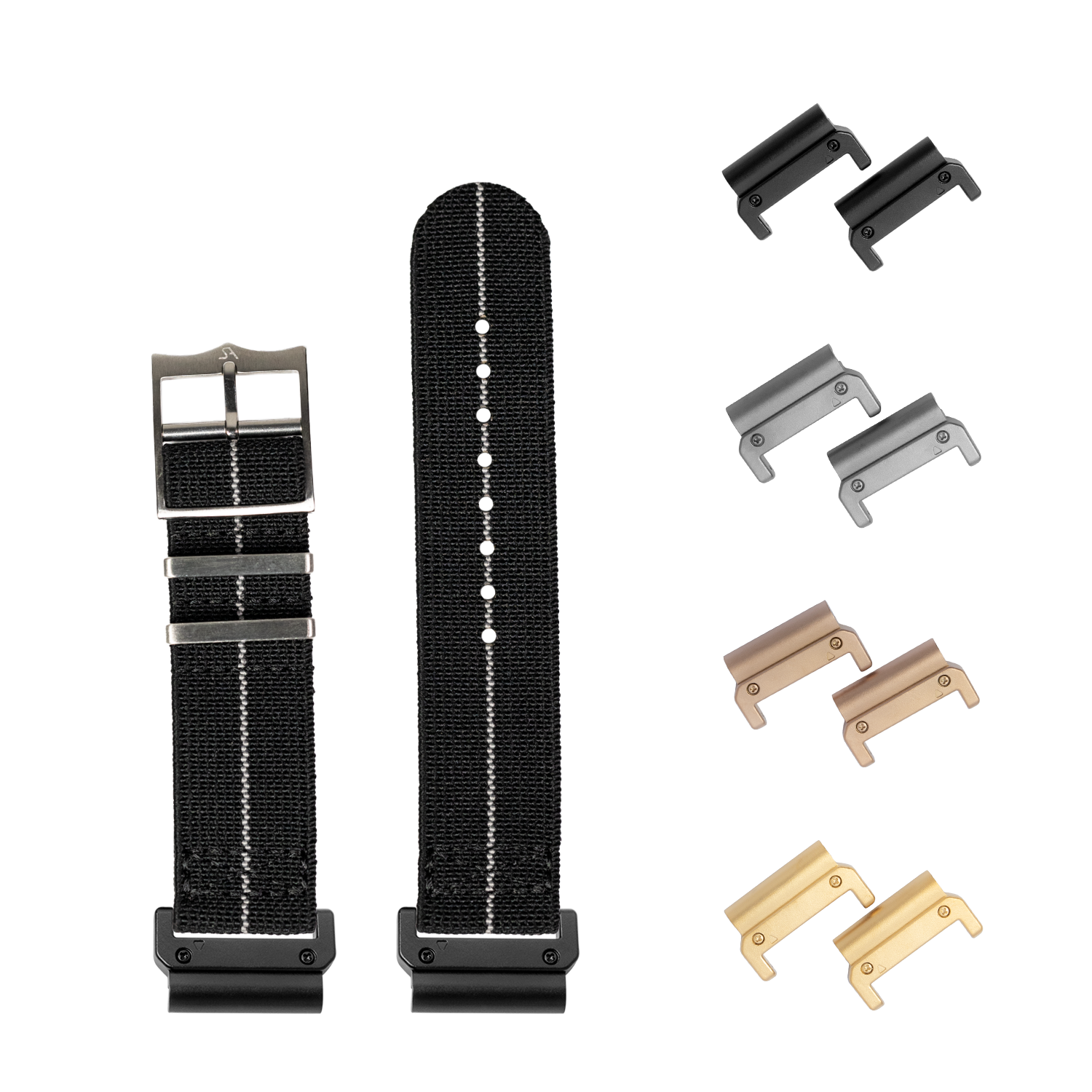 QuickFit ElastoFlex 26mm black fabric watch band with interchangeable metal connectors in multiple finishes