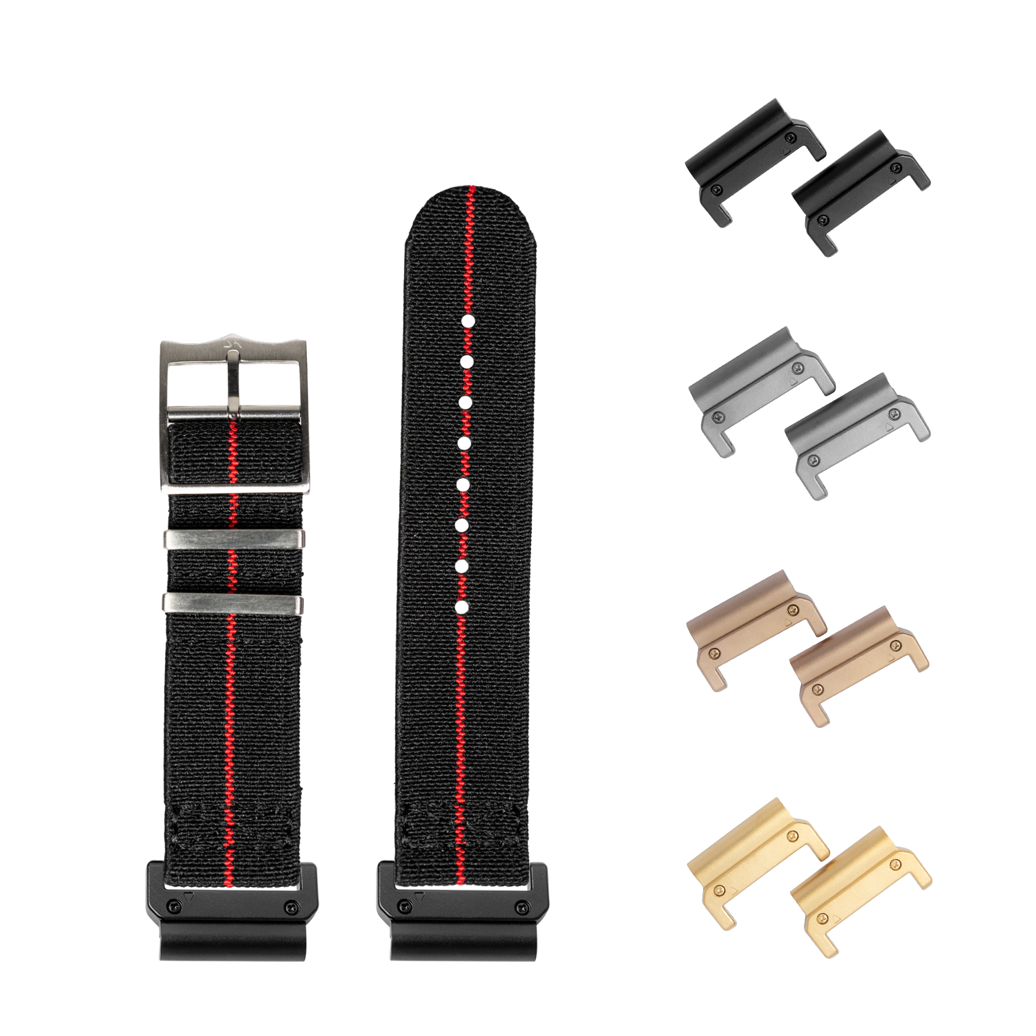 QuickFit ElastoFlex black elastic watch band with red stripe and interchangeable metal lugs in multiple finishes
