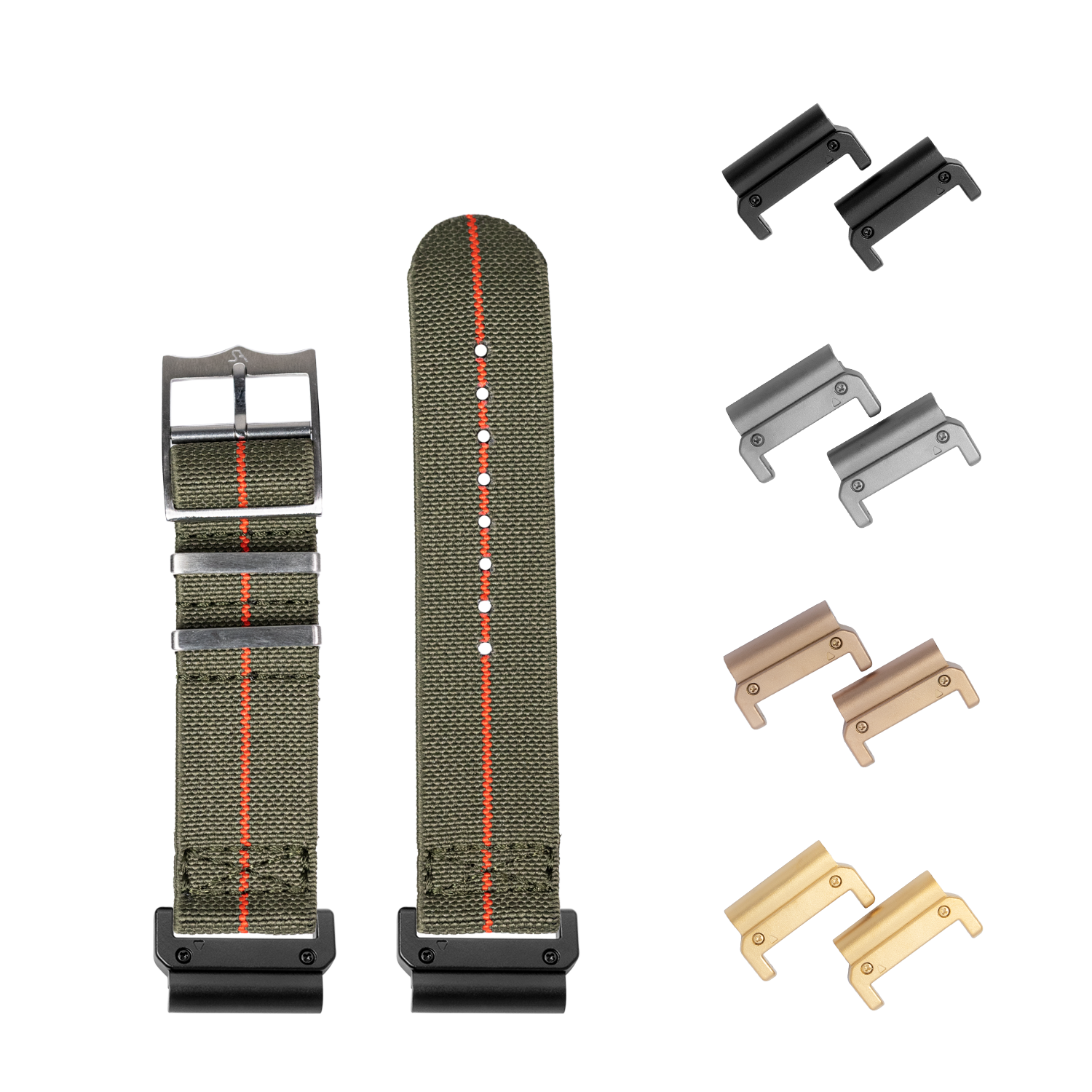 ElastoFlex QuickFit watch band in army green with red stripe, 22mm, includes multiple metal lugs in black, silver, bronze and gold finishes