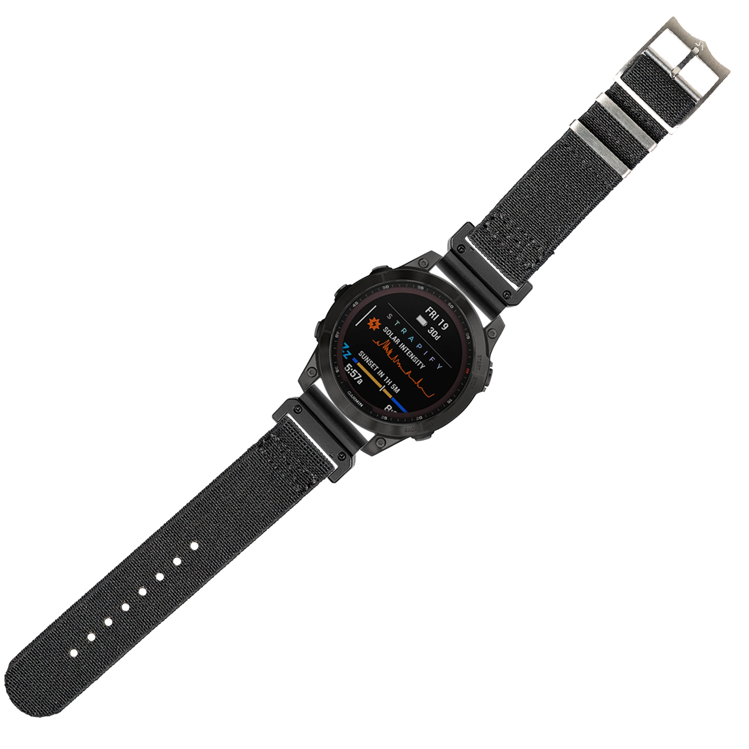 Black tactical smartwatch with digital display and black elastomer quick-fit band showing fitness metrics and day information