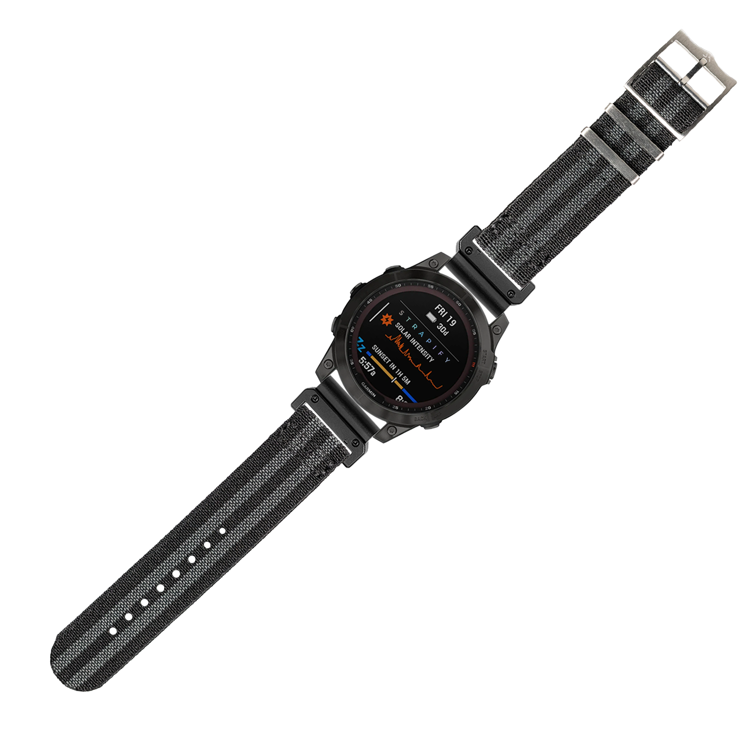Black tactical smartwatch with AMOLED display and elasticated fabric strap, showing weather and fitness metrics