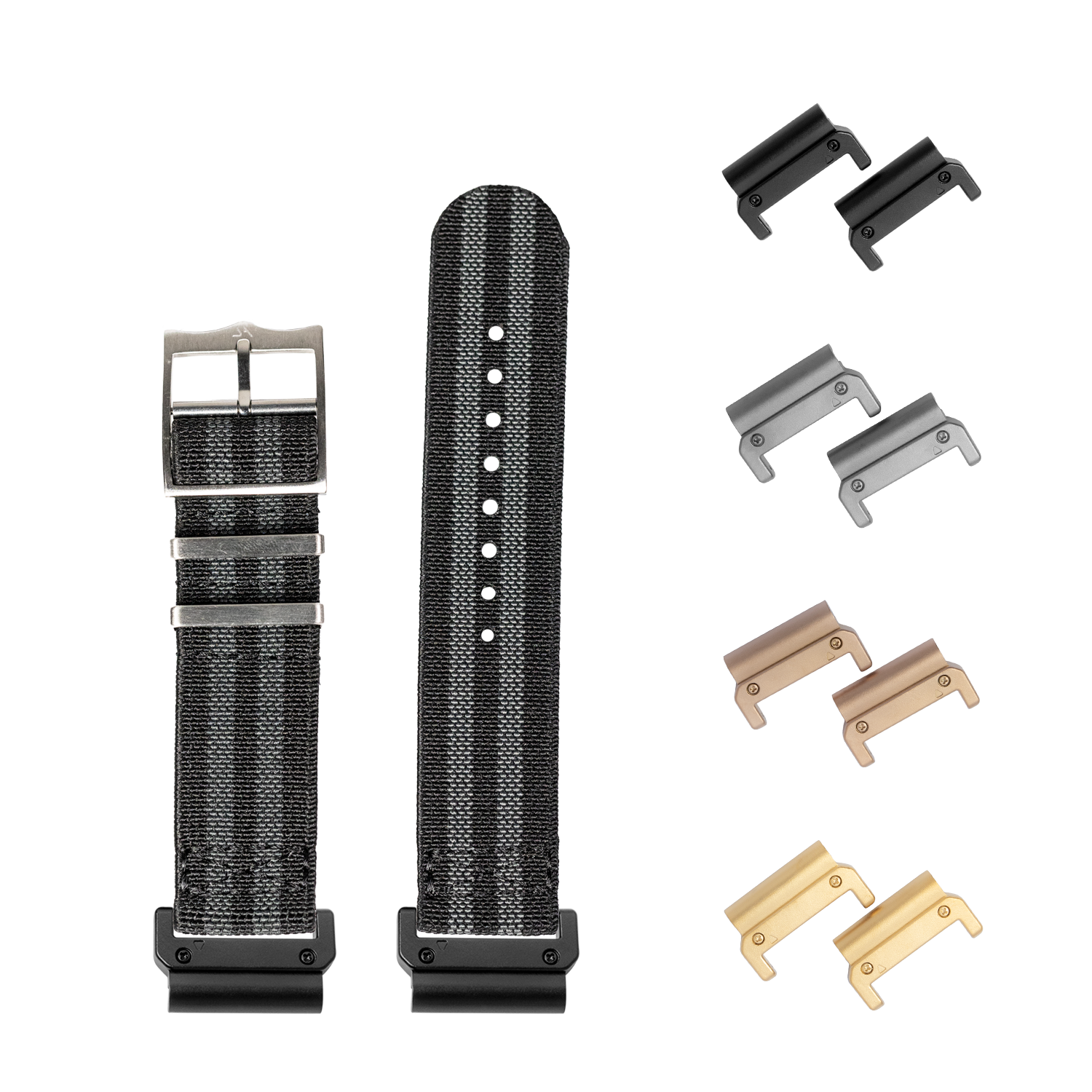 QuickFit ElastoFlex Bond 22mm watch band with interchangeable metal lugs in black, silver, bronze and gold finishes