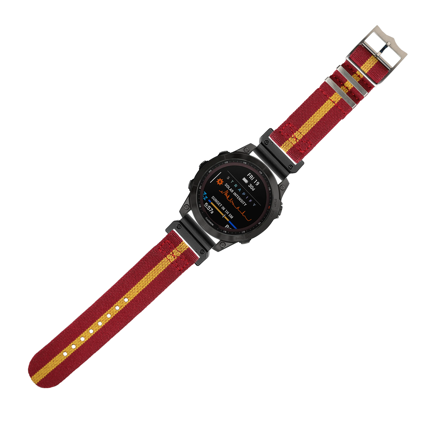 Black smartwatch with burgundy red and yellow striped elastic strap, featuring digital display and metal buckle