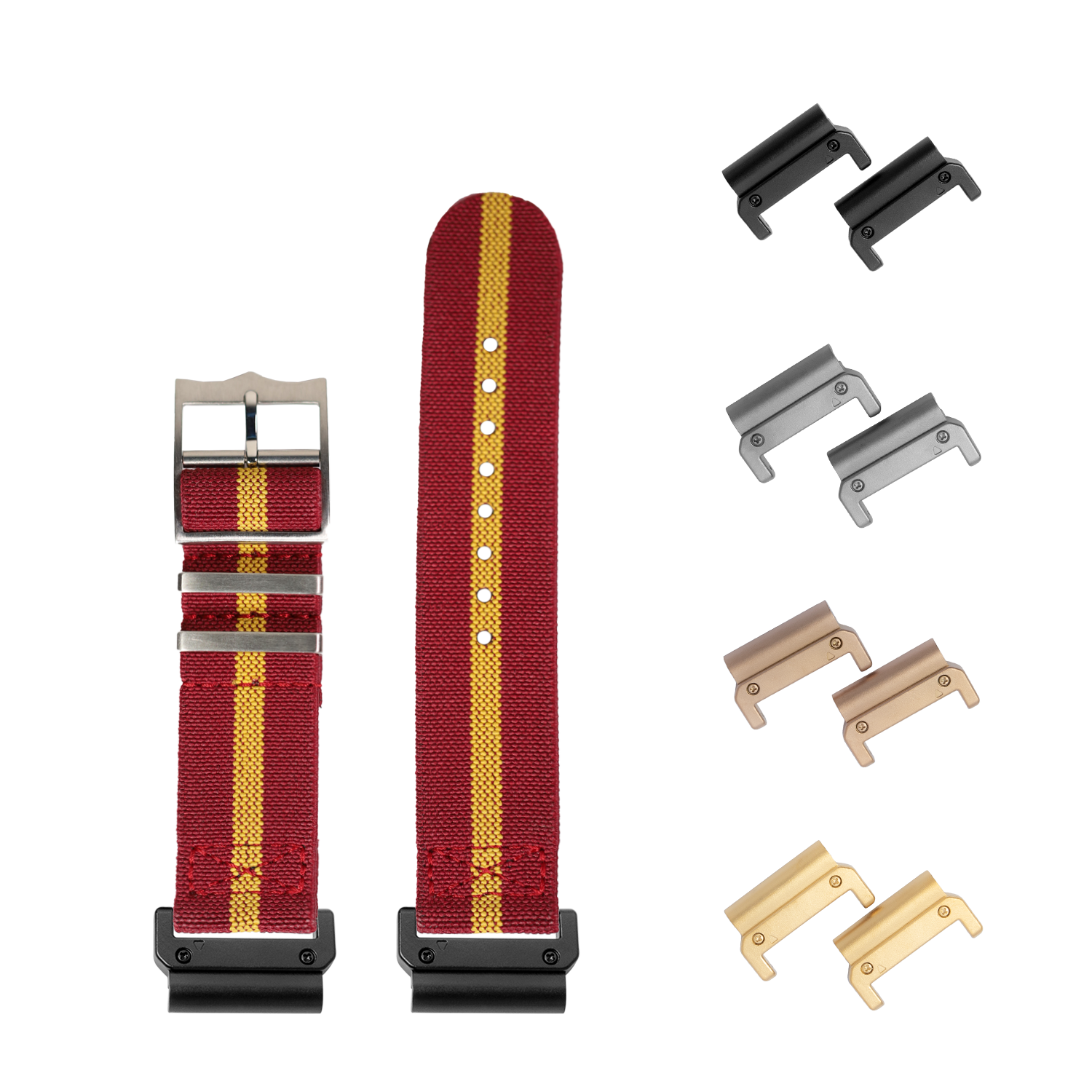 QuickFit ElastoFlex burgundy red and yellow striped watch strap with interchangeable metal lugs in black, silver, bronze and gold finishes
