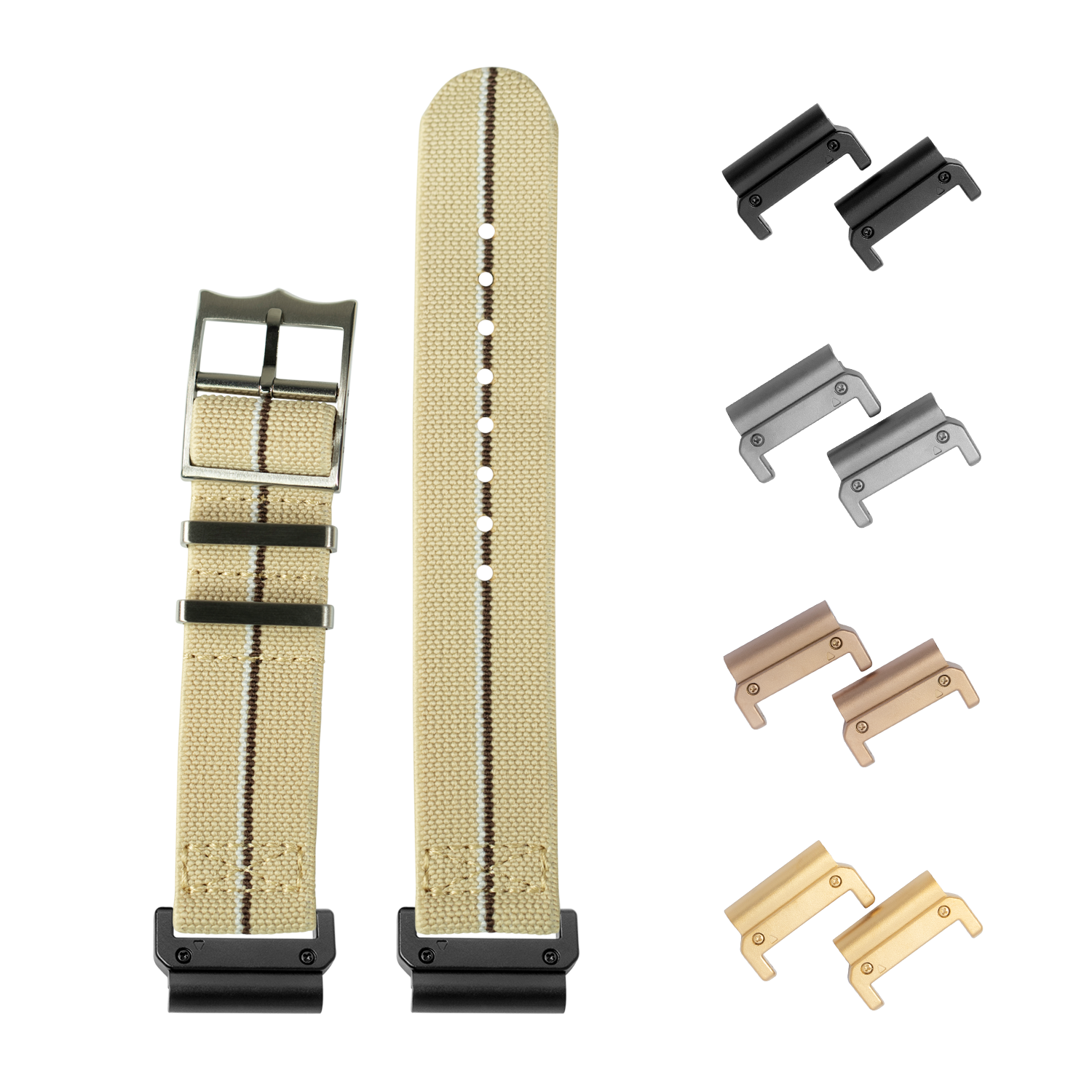 Beige fabric watch strap with interchangeable metal lugs in black, silver, bronze, and gold finishes