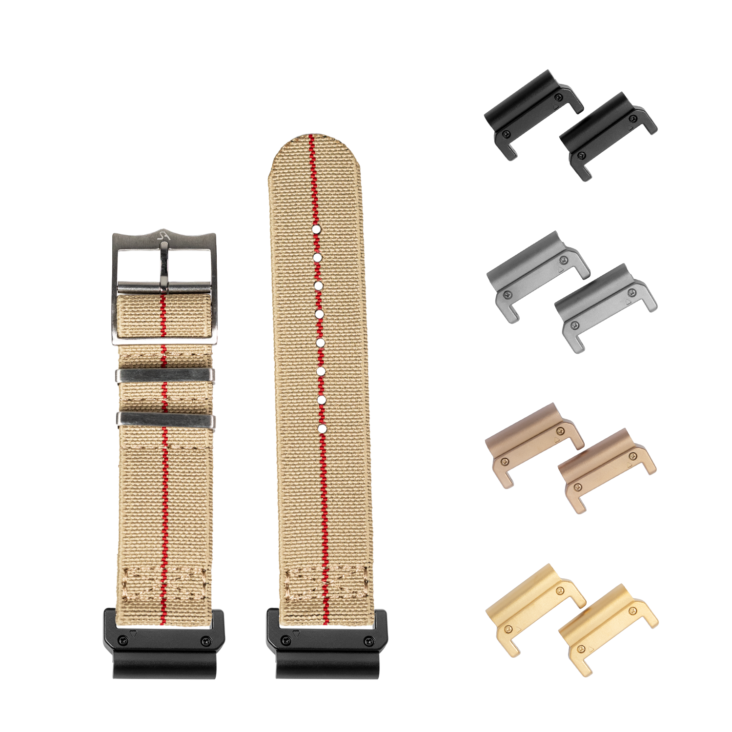 QuickFit ElastoFlex desert sand watch strap with red stitching, 22mm, shown with multiple metal buckle attachments in black, silver, bronze and gold finishes