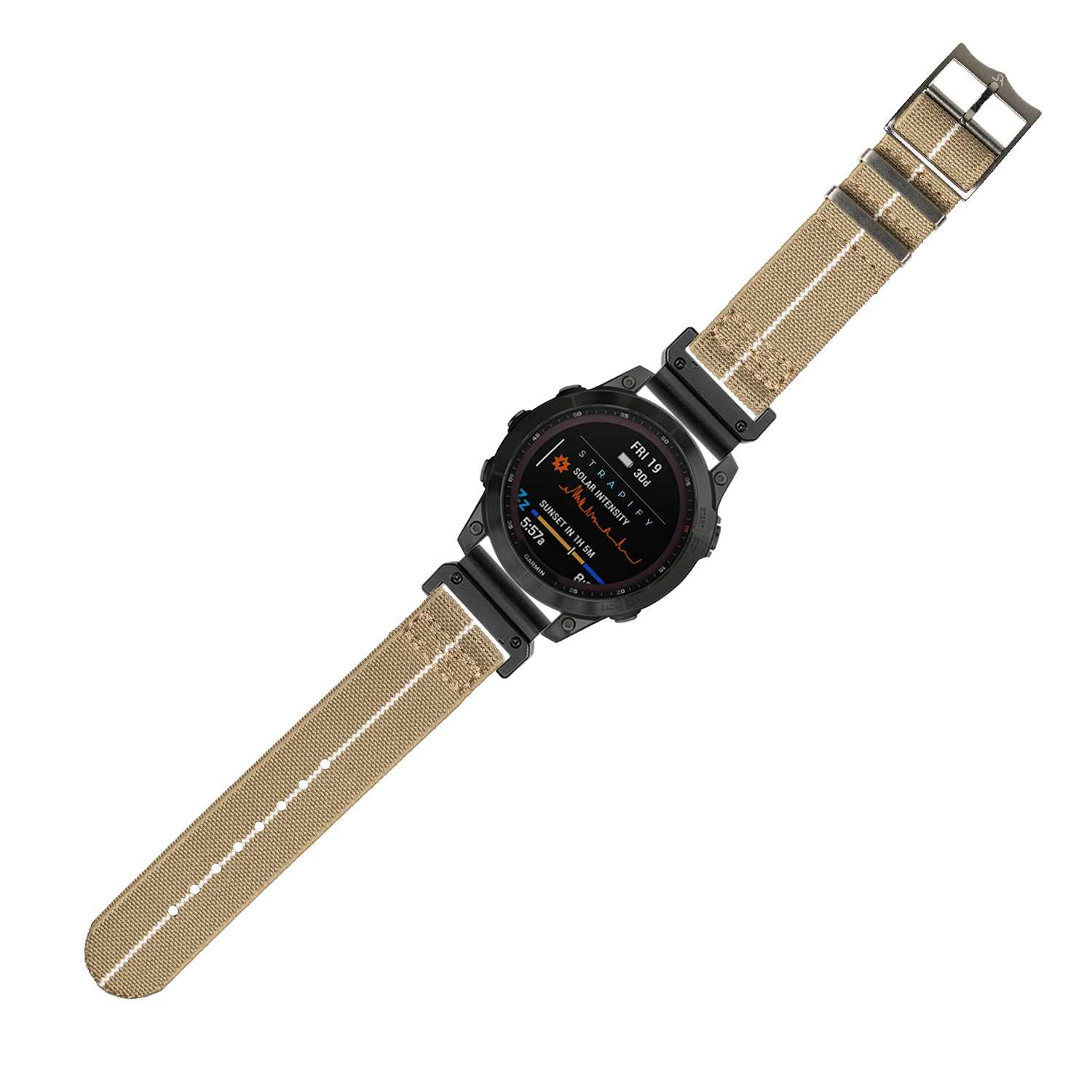 Black digital smartwatch with beige fabric strap, AMOLED display showing fitness metrics and outdoor data