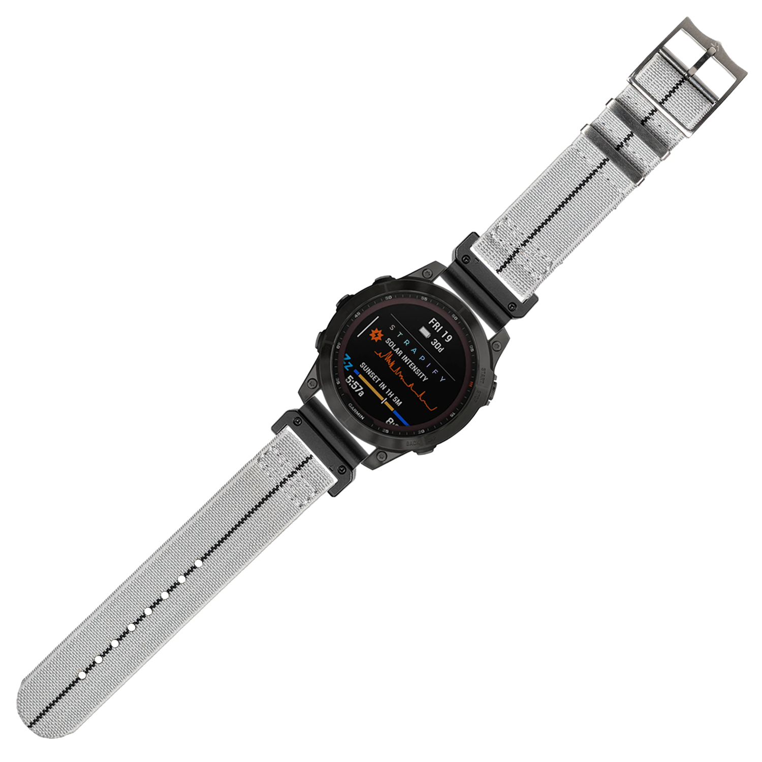 Tactical smartwatch with black case, AMOLED display showing fitness metrics, and grey elasticated fabric quick-release band