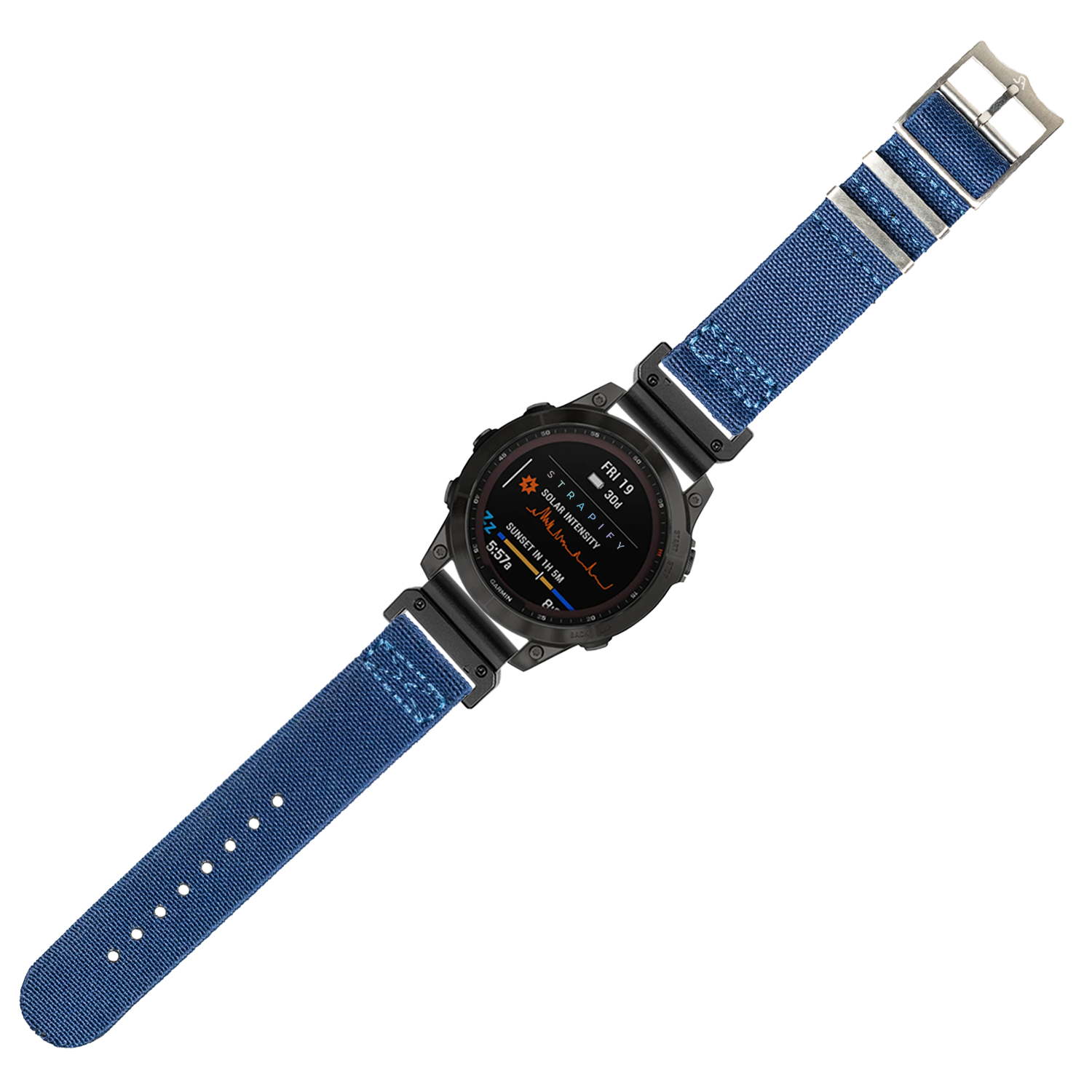 Black digital smartwatch with navy blue fabric strap and metal buckle, displaying fitness metrics on AMOLED screen