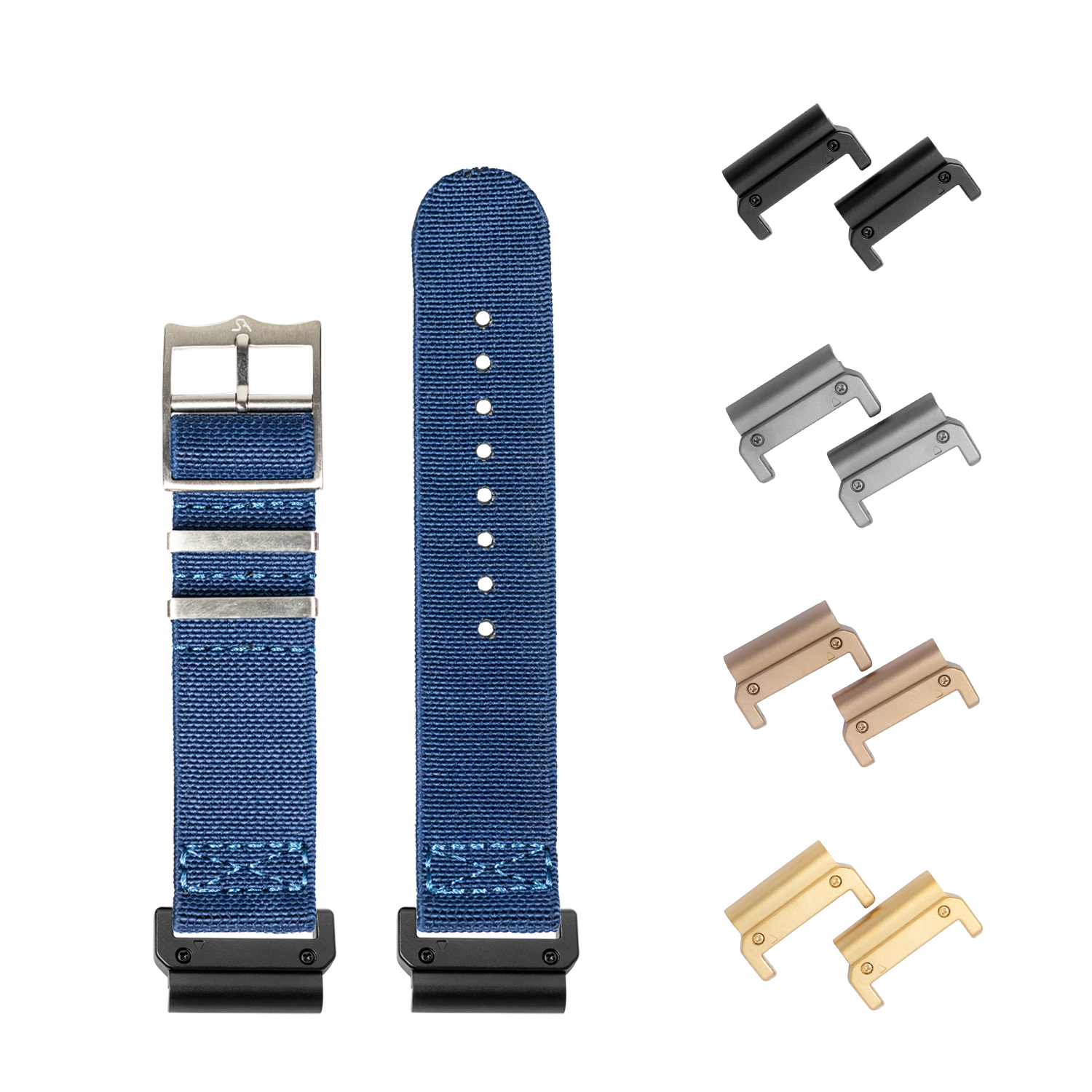 QuickFit ElastoFlex navy blue 22mm watch strap with interchangeable metal lugs in black, silver, bronze and gold finishes