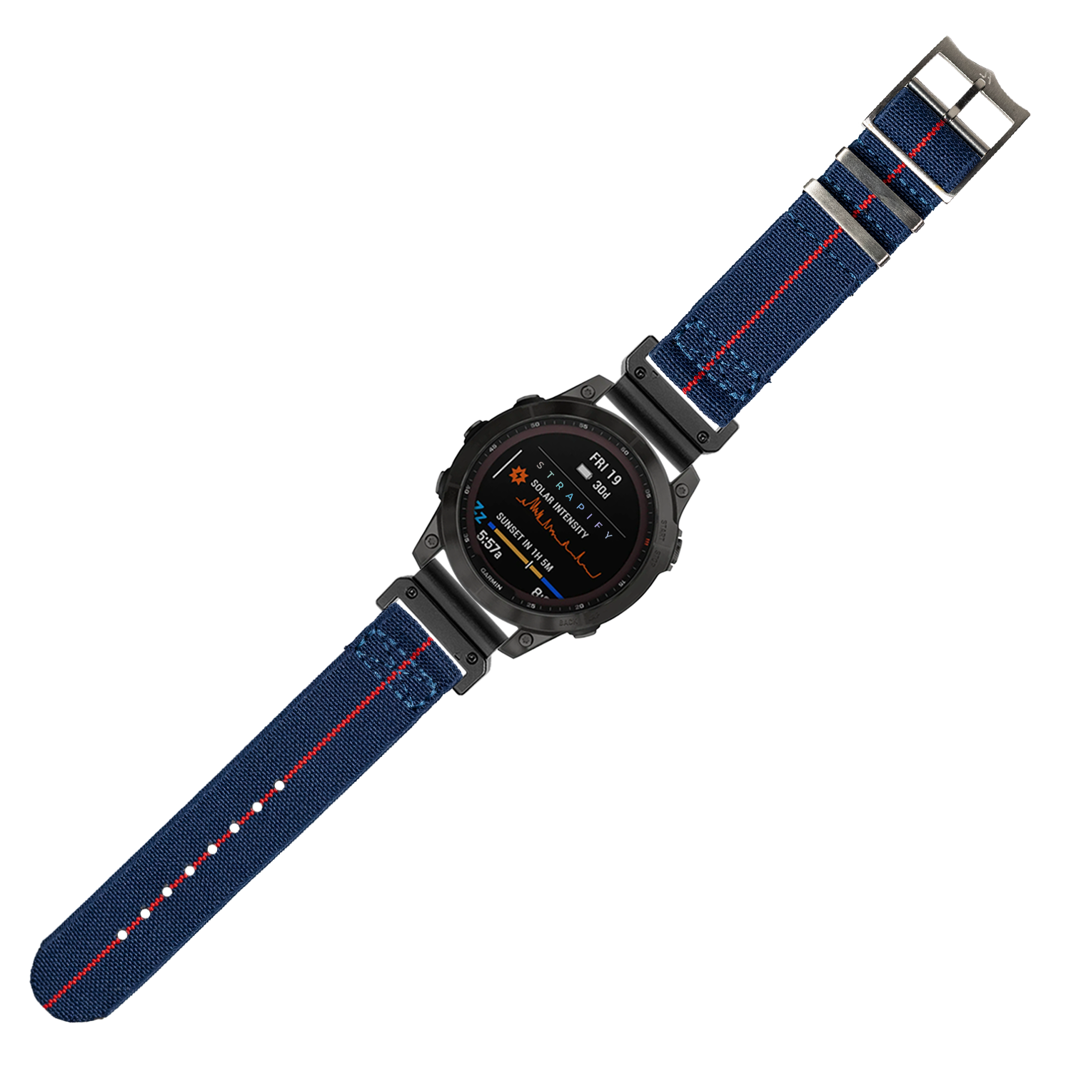 Black digital smartwatch with navy blue and red fabric strap, displaying colorful metrics on AMOLED screen