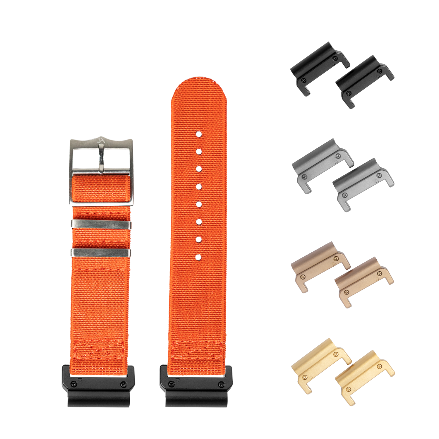 Orange fabric watch band with quick-release connectors and interchangeable metal lugs in multiple finishes