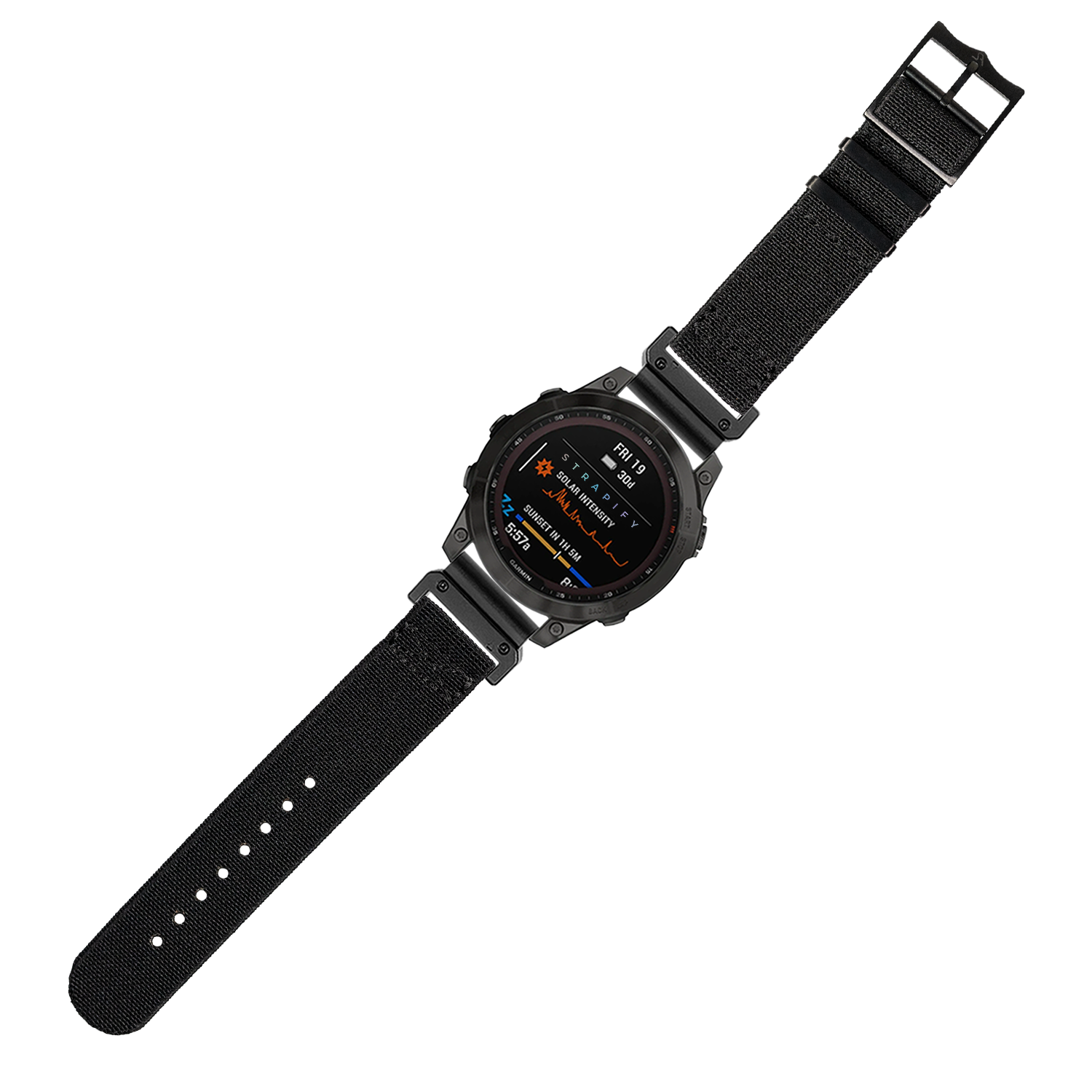 Black tactical smartwatch with AMOLED display, nylon band, and metal hardware on white background