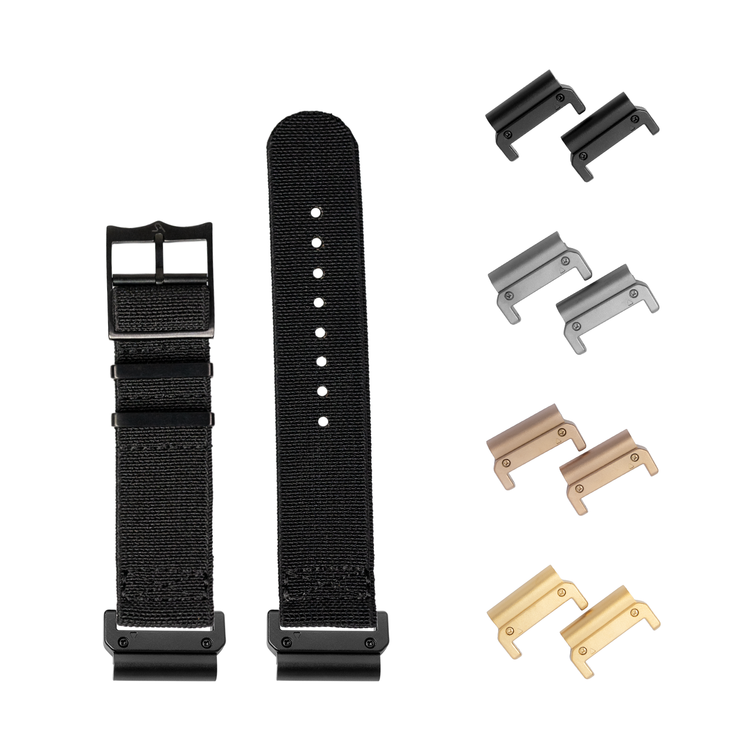 QuickFit ElastoFlex Stealth Black 22mm watch strap with interchangeable black, silver, bronze and gold hardware connectors