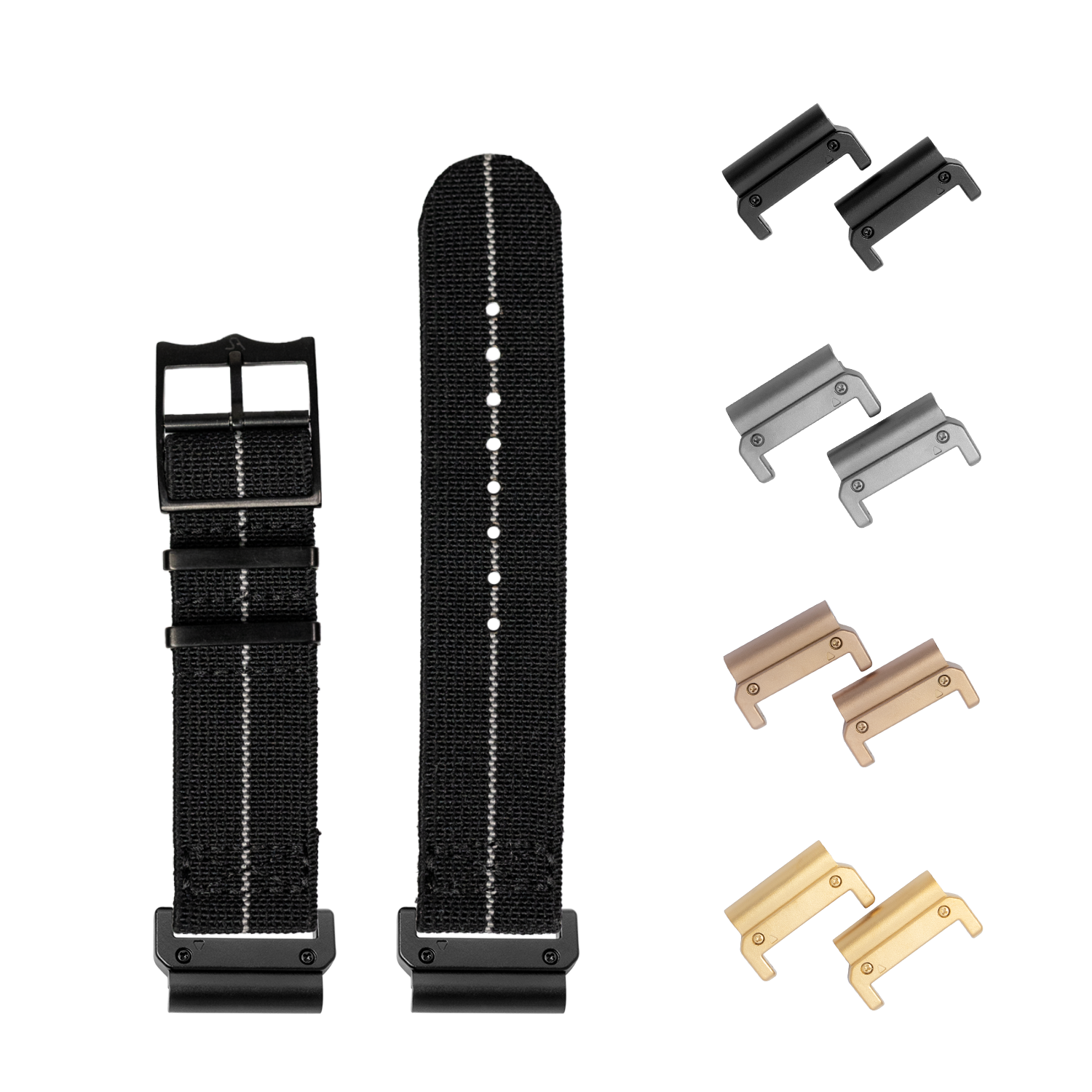 QuickFit ElastoFlex stealth black watch strap 22mm with interchangeable hardware in black, gray, bronze and gold finishes