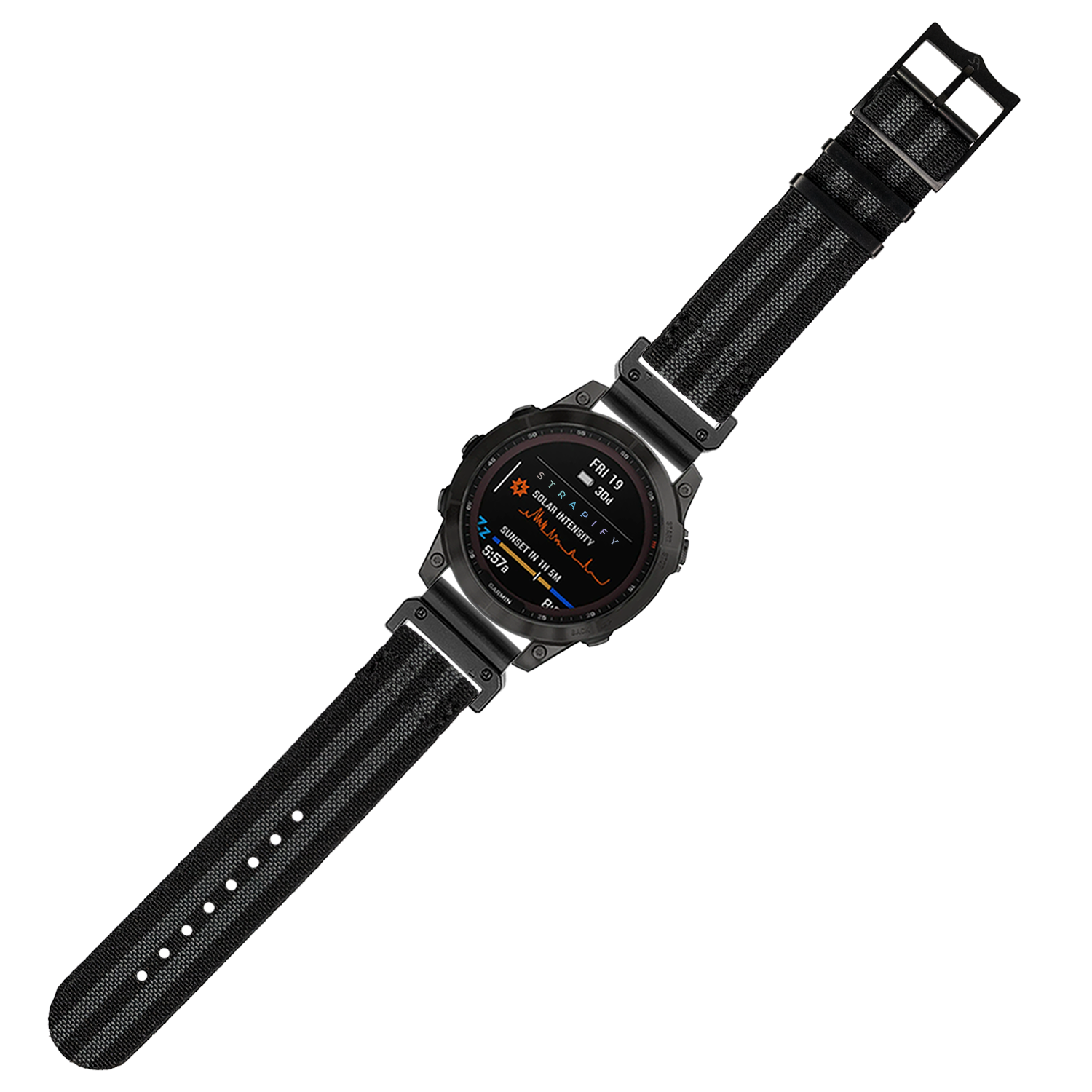 Black digital smartwatch with fabric band, round AMOLED display showing fitness metrics, and rugged tactical design
