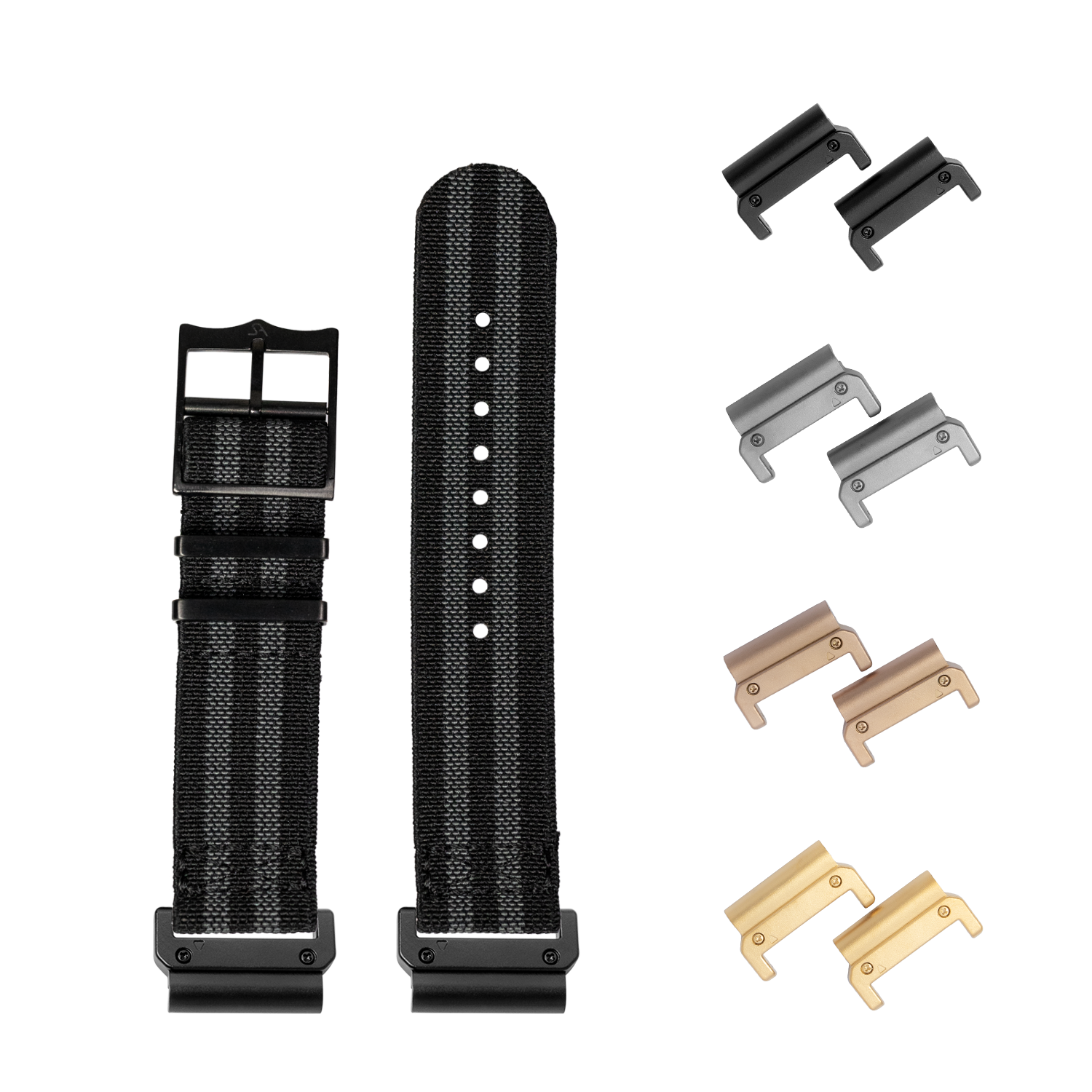 Interchangeable elastic watch band system with black and silver hardware lugs, featuring two black fabric straps and four metal connector options