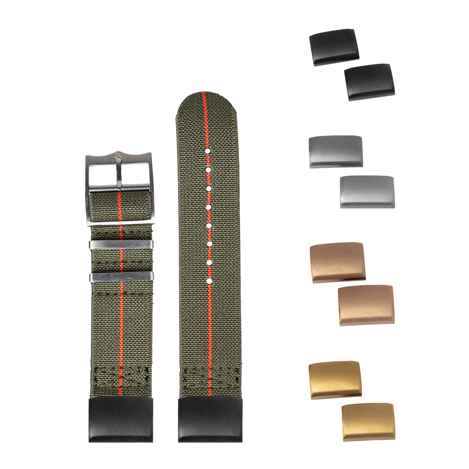 Army green fabric watch strap with red racing stripe, interchangeable metal buckles in black, silver, bronze and gold finishes