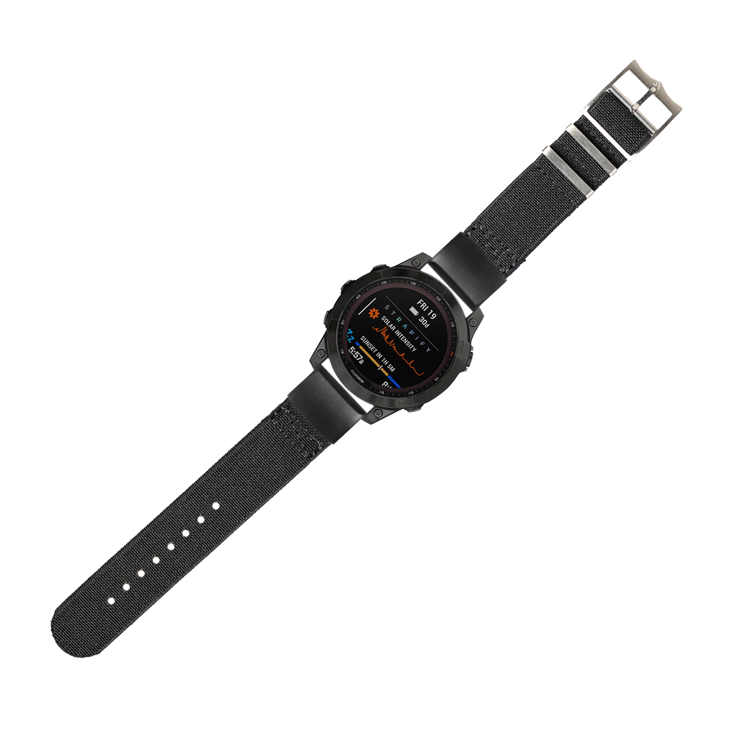 Black tactical smartwatch with digital display, fabric strap and QuickFit ElastoFlex 20mm band system for military-style wearable