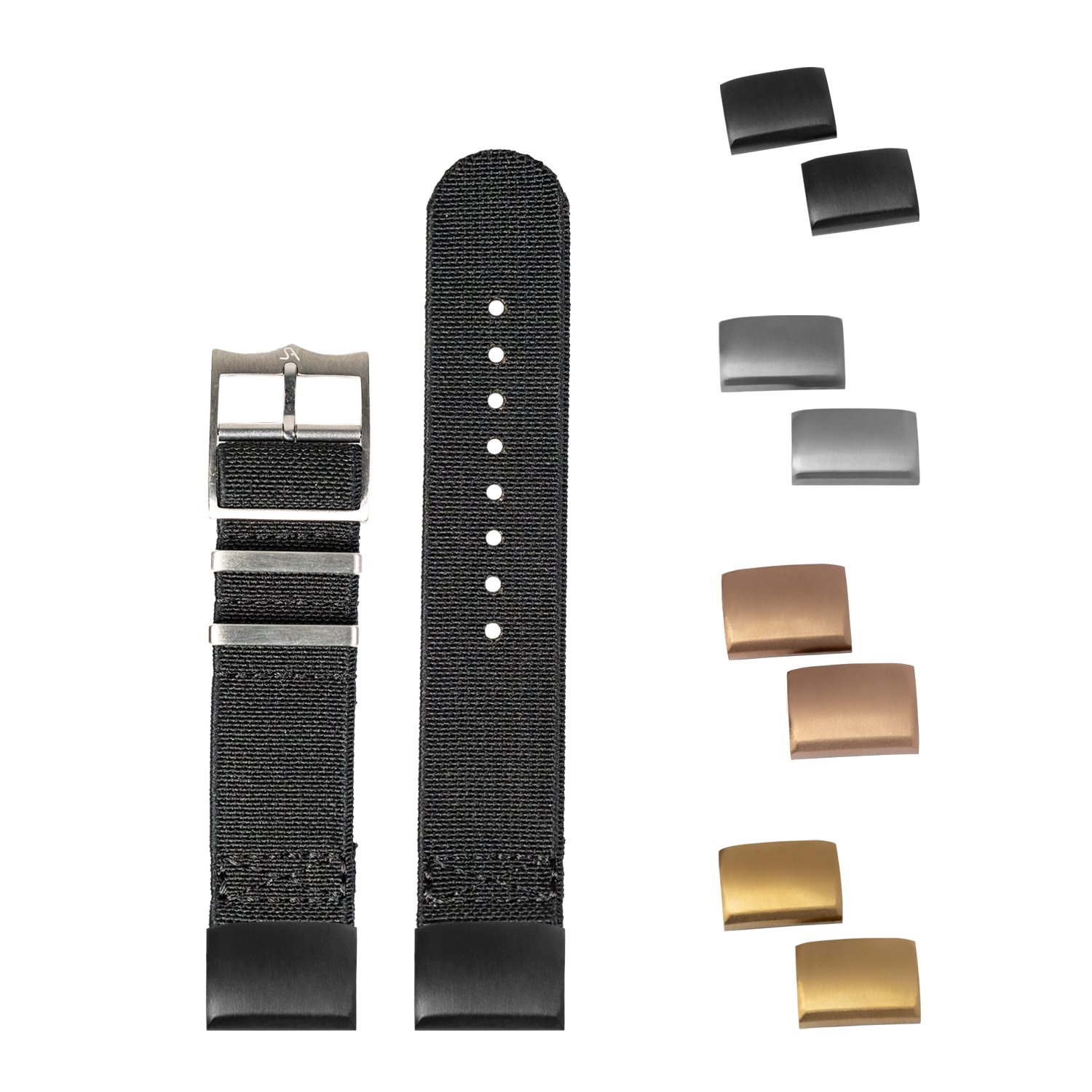 Black elastic fabric watch band 20mm with interchangeable metal buckles in silver, gold, and rose gold finishes