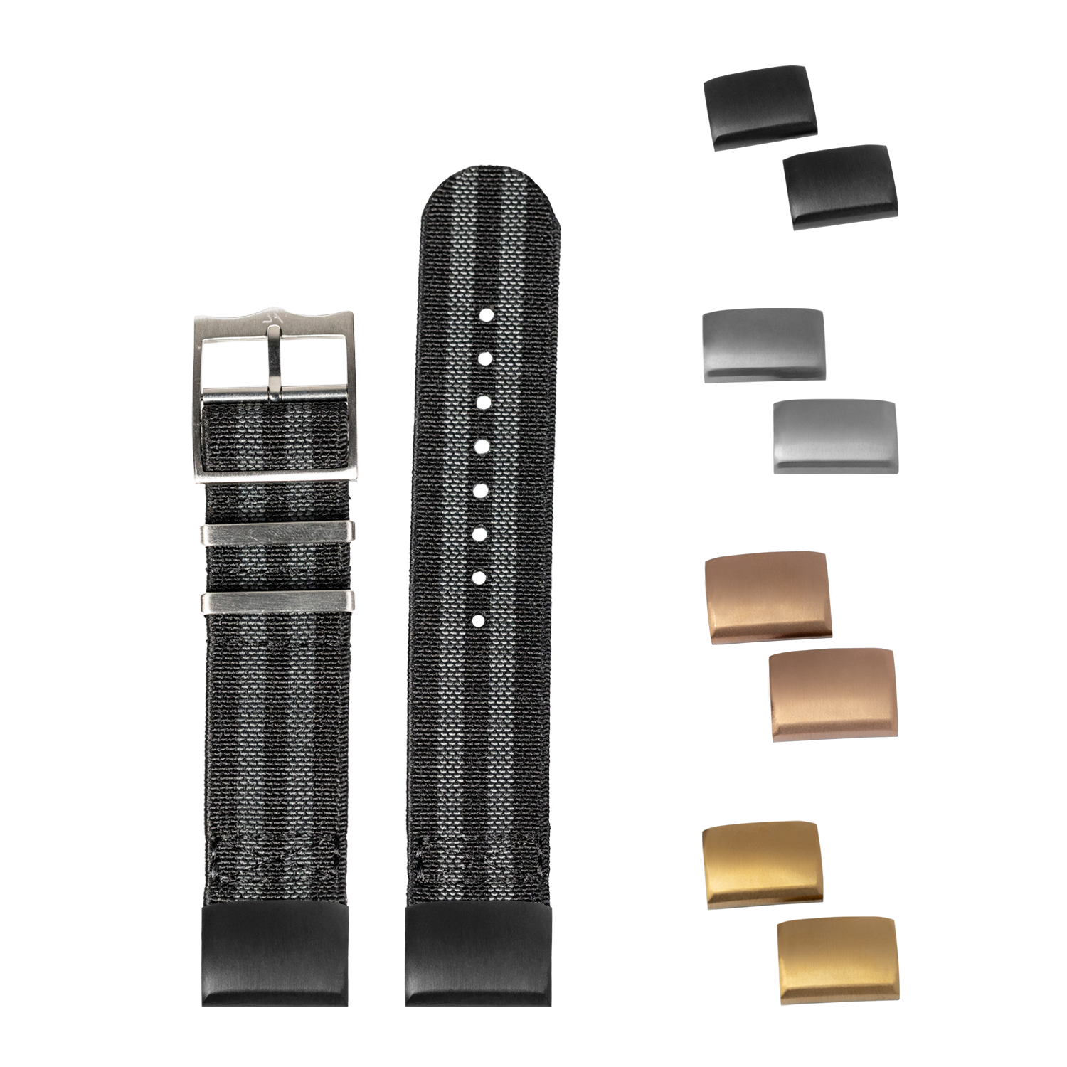 Black nylon QuickFit ElastoFlex 20mm watch band with interchangeable metal buckles in silver, bronze and gold finishes