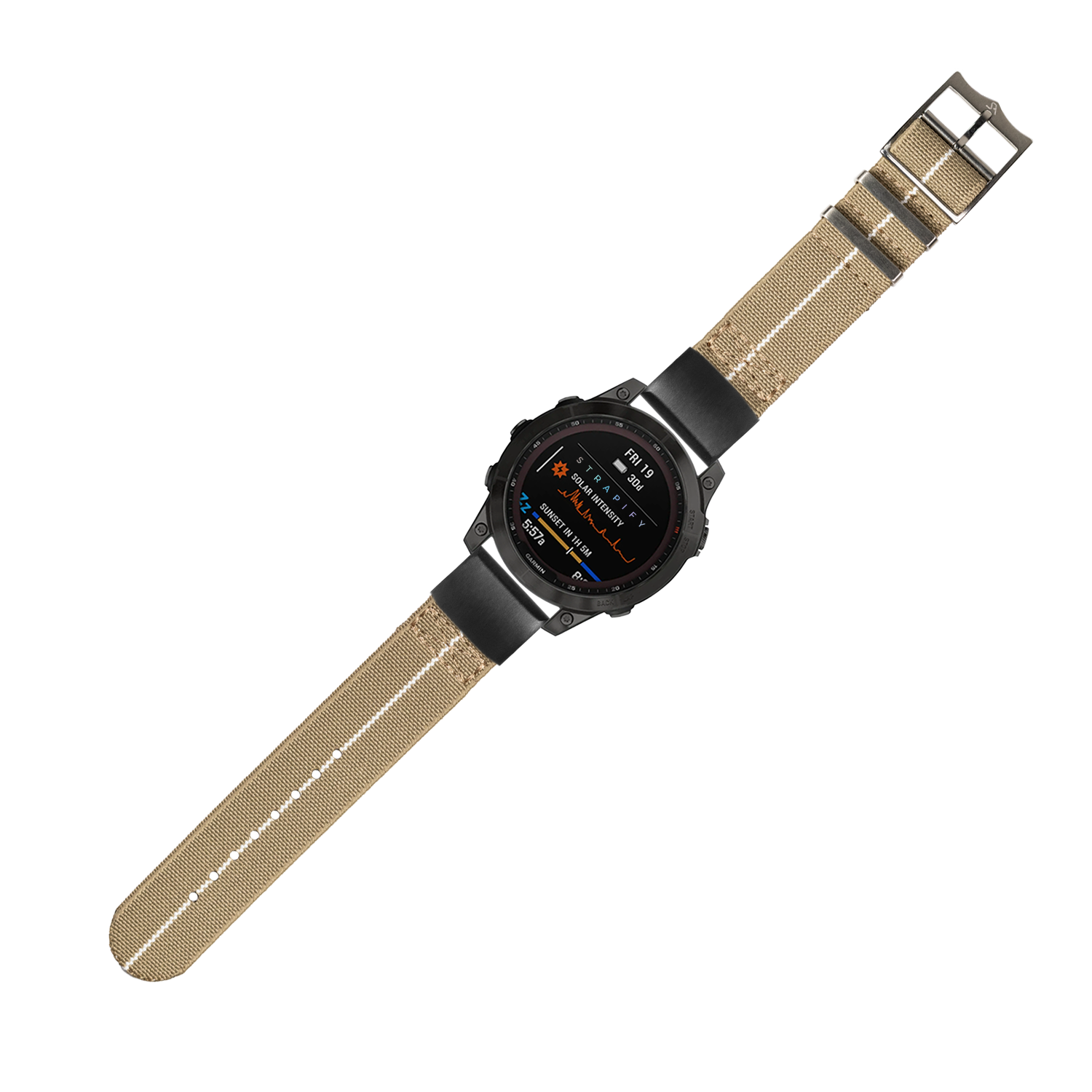 Black digital smartwatch with beige fabric strap and tactical display showing time and metrics