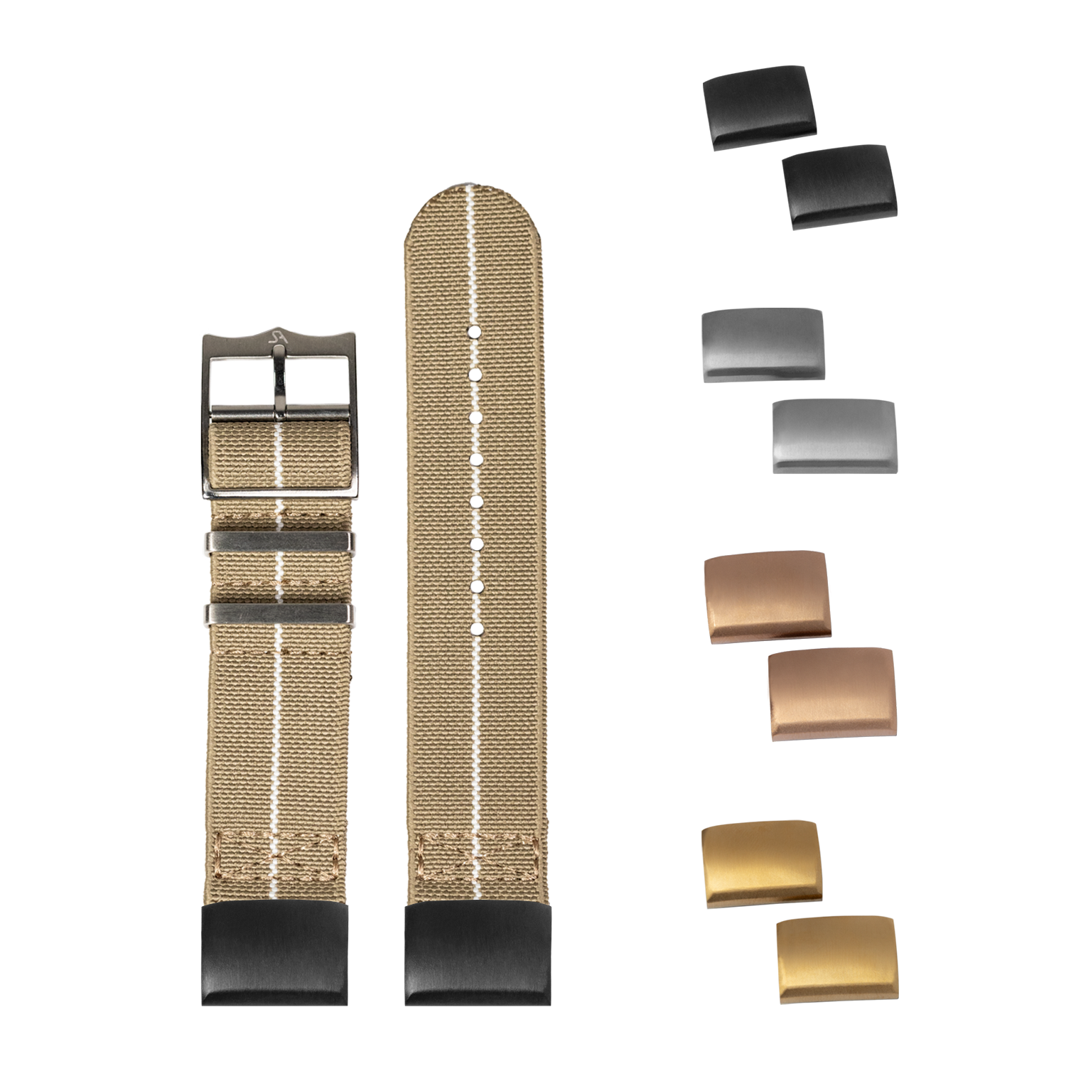 QuickFit ElastoFlex Desert Sand watch strap with interchangeable metal buckles in black, silver, bronze and gold finishes