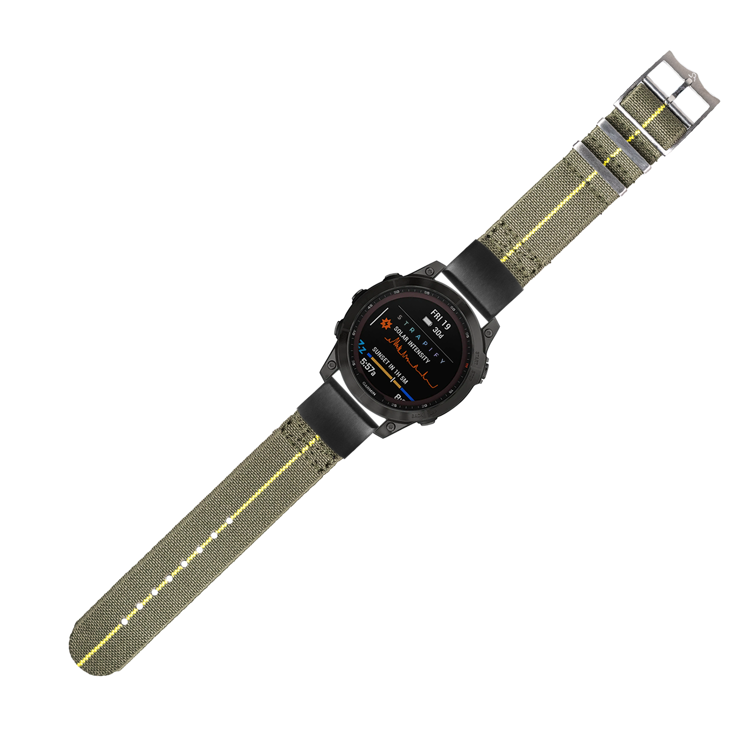 Black digital smartwatch with olive green and yellow elastic fabric strap, featuring AMOLED display and QuickFit band system