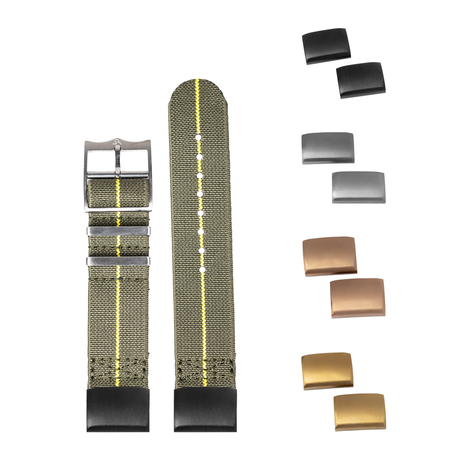 QuickFit ElastoFlex green and yellow 20mm watch strap with interchangeable metal buckles in silver, gunmetal, rose gold, and gold finishes