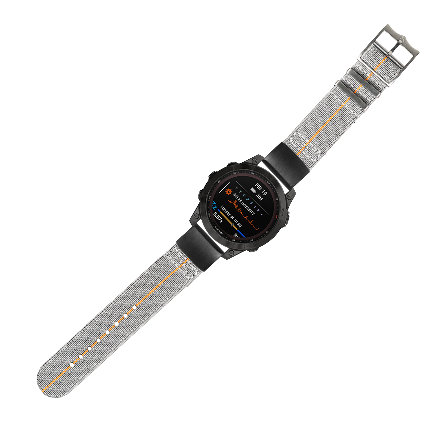 Black smartwatch with AMOLED display and grey elastic fabric strap with orange accents, 20mm QuickFit band