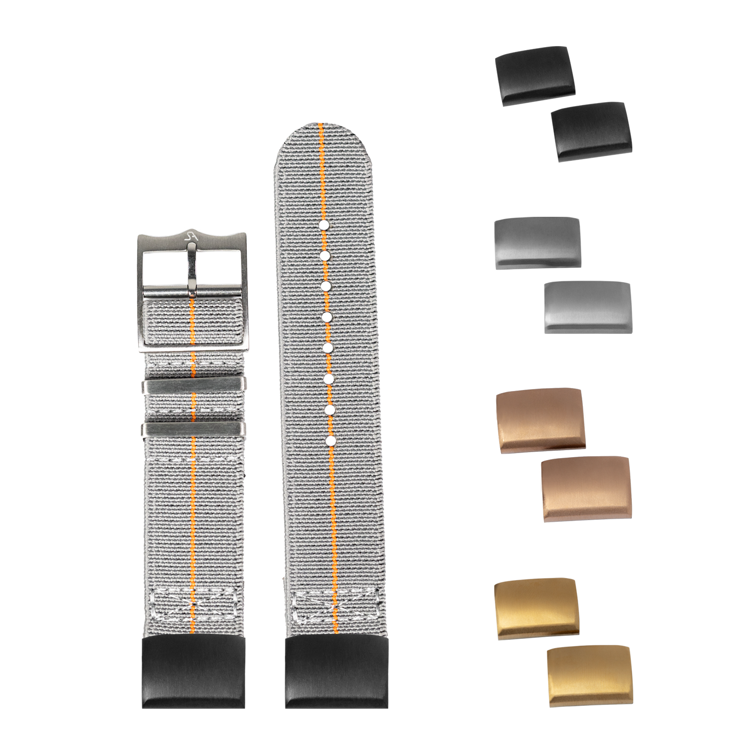 QuickFit ElastoFlex grey and orange elastic watch band with interchangeable metal buckles in black, silver, bronze and gold finishes