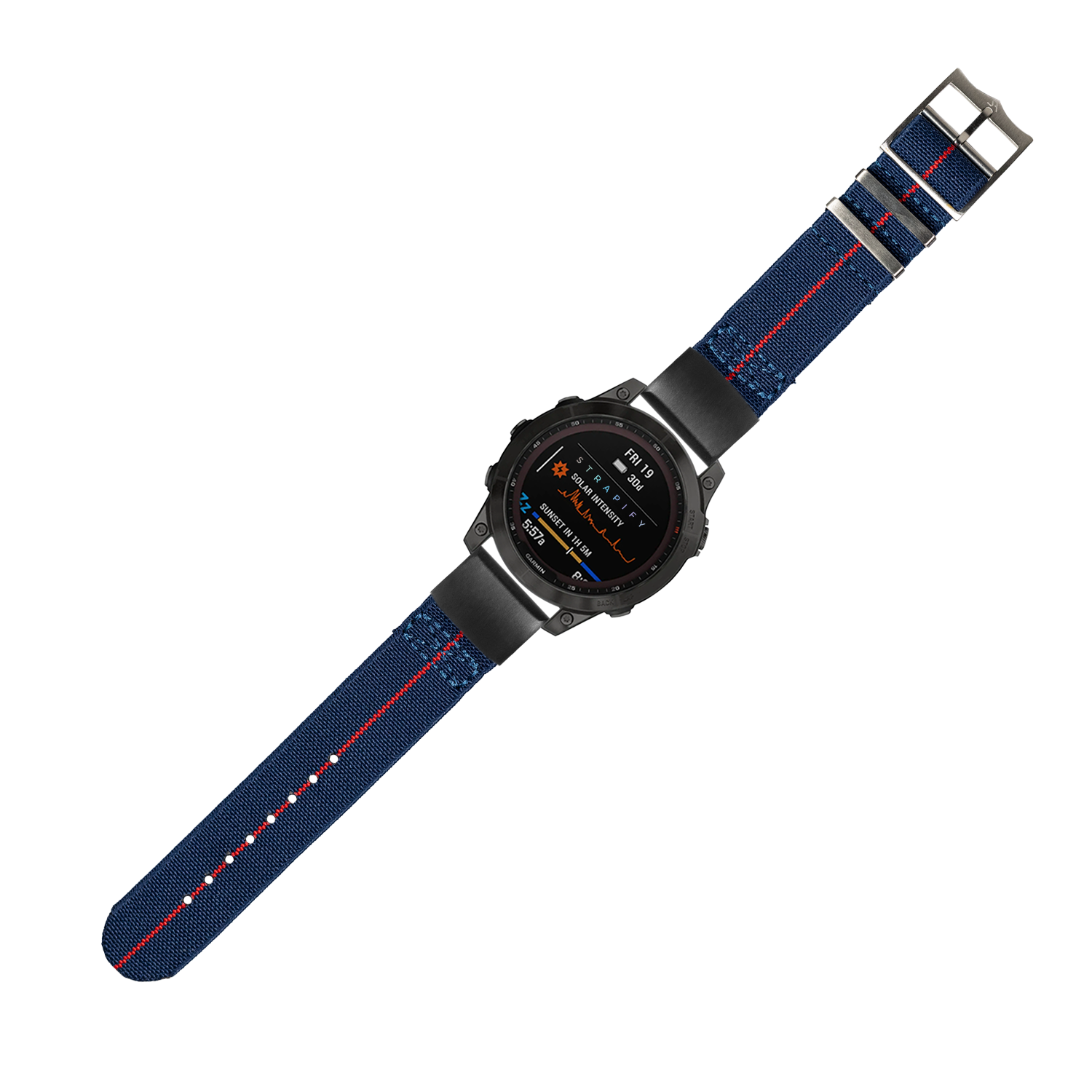 Black digital smartwatch with navy blue and red striped fabric band, AMOLED display showing fitness metrics and time